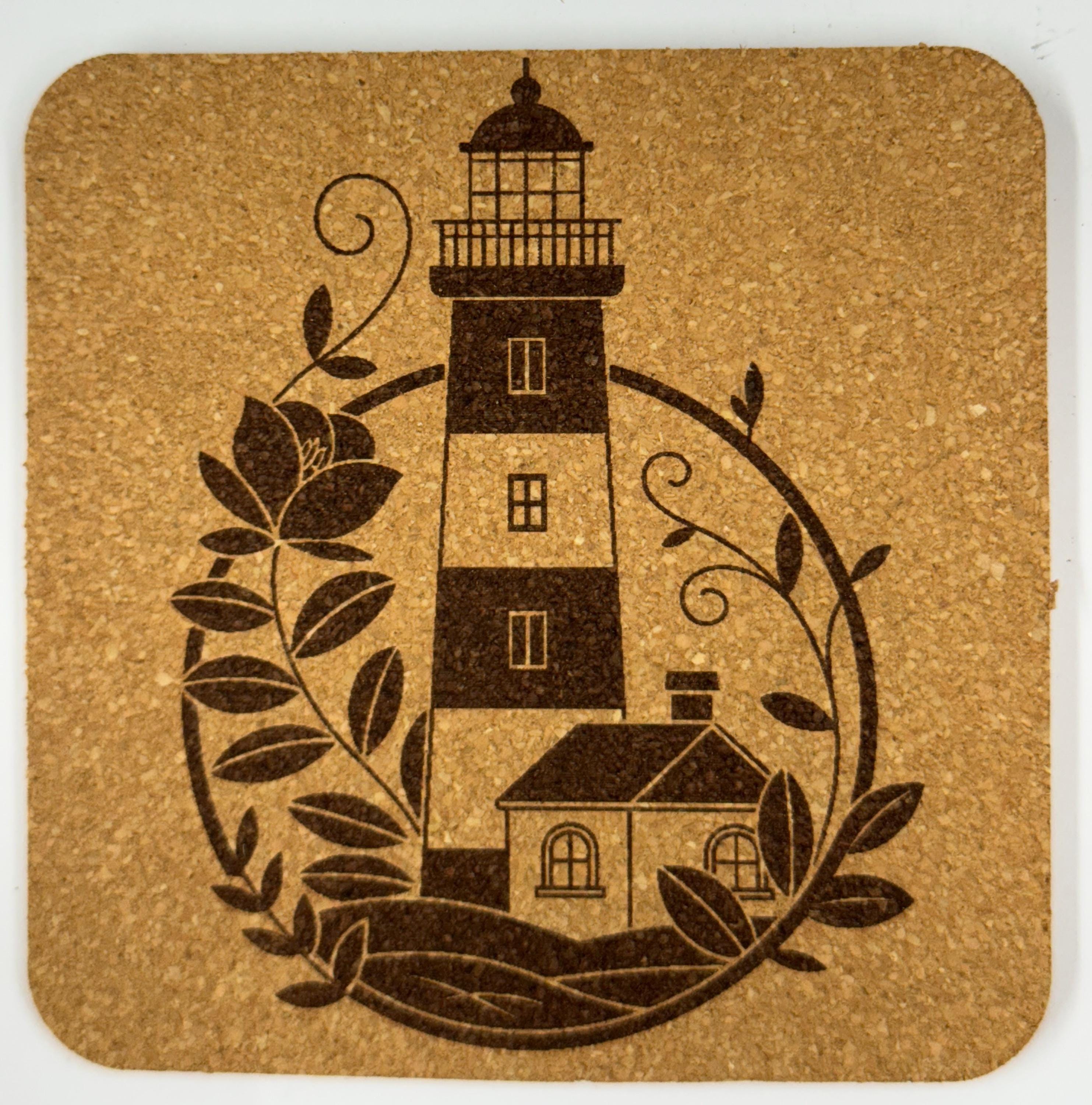 Lighthouse Cork Coaster Set – Floral Coastal Decor – Laser Engraved 4-Pack
