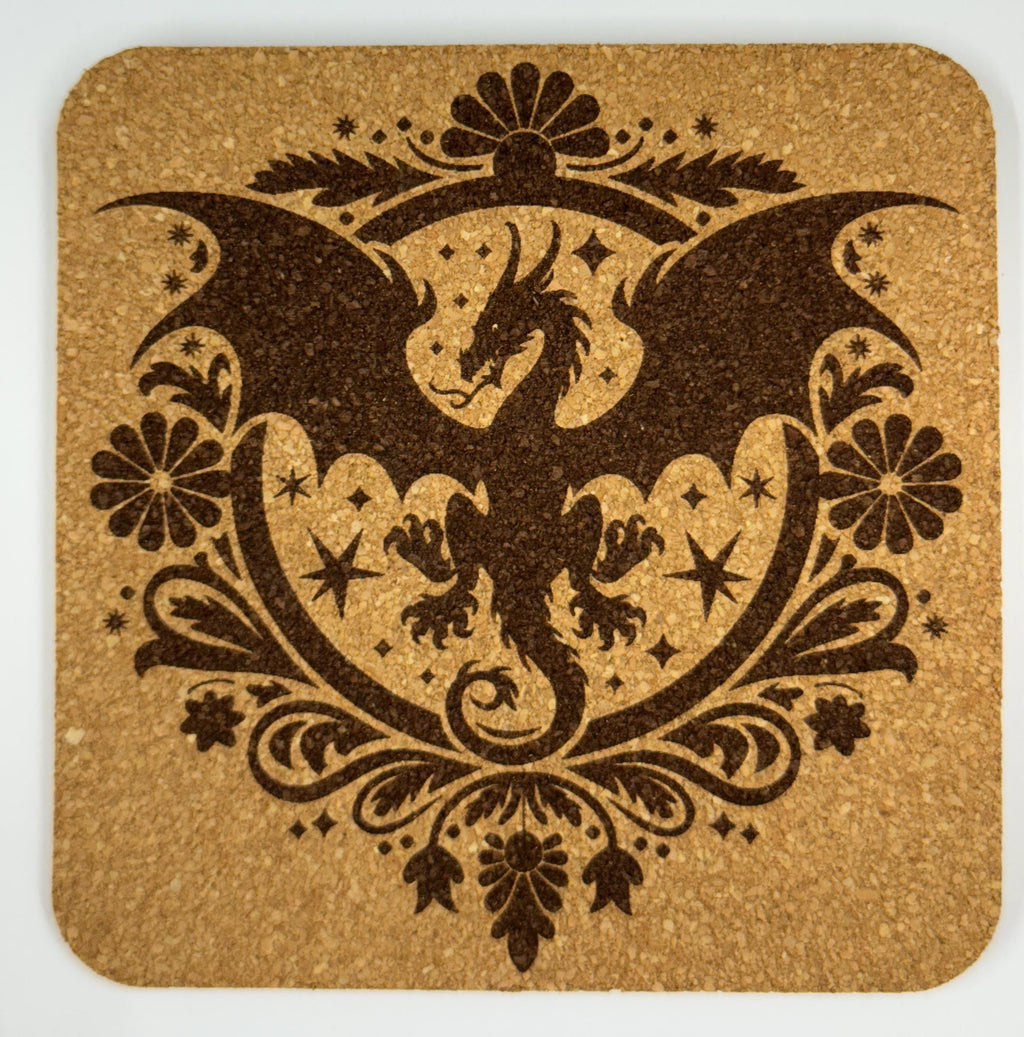 Dragon Cork Coaster Set – Fantasy Floral Engraved 4-Pack – Mythical Creature Home Decor