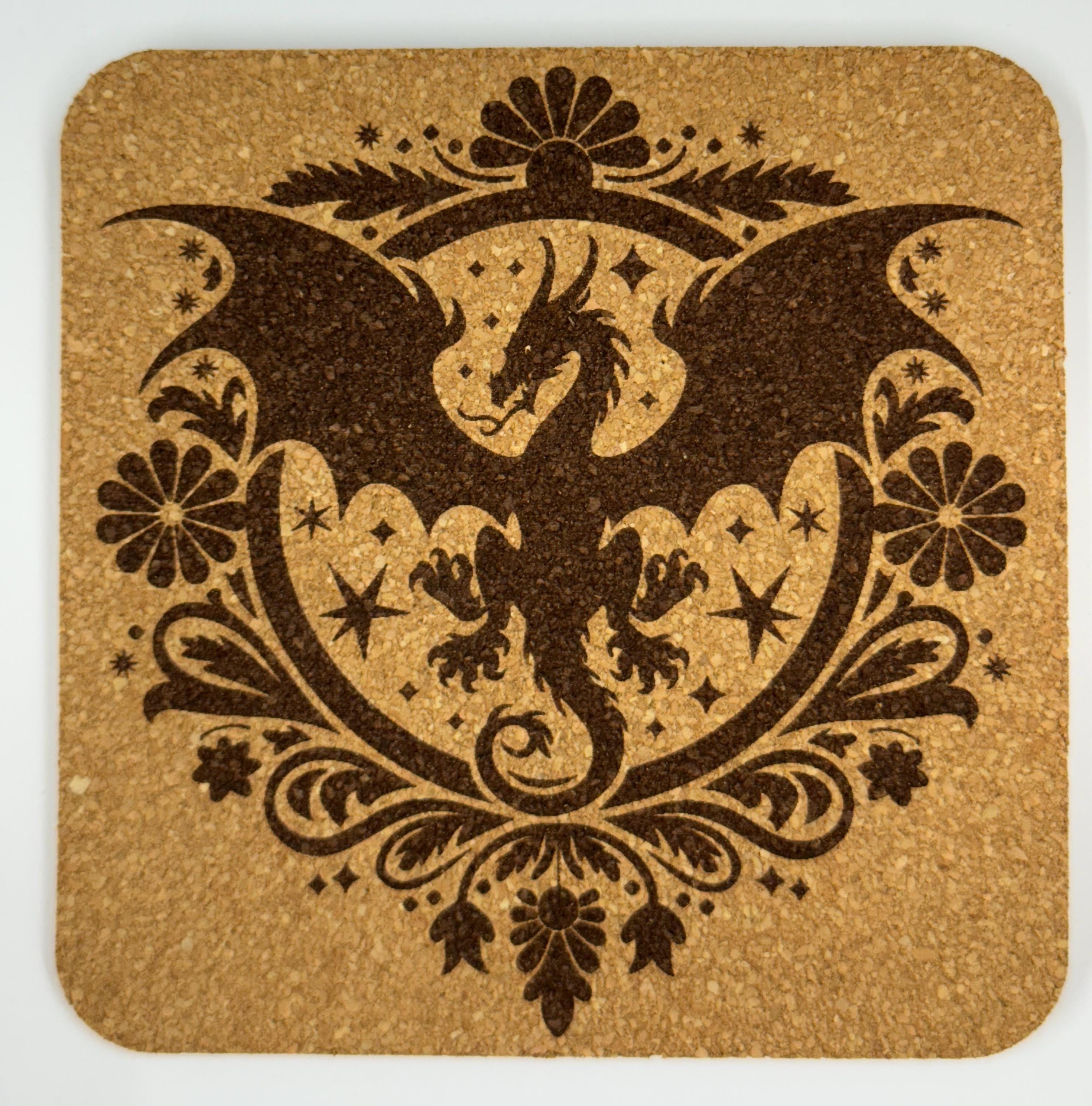 Dragon Cork Coaster Set – Fantasy Floral Engraved 4-Pack – Mythical Creature Home Decor