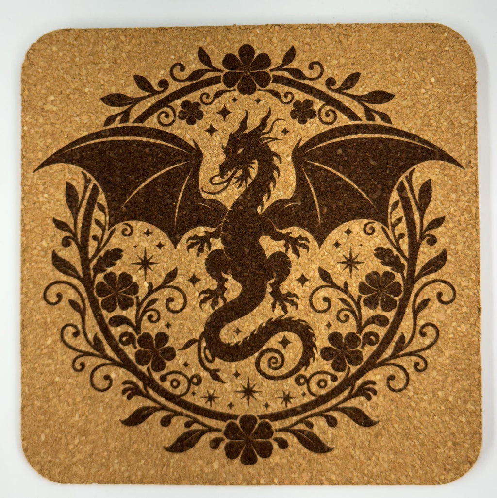 Dragon Cork Coaster Set – Fantasy Floral Engraved 4-Pack – Mythical Creature Home Decor
