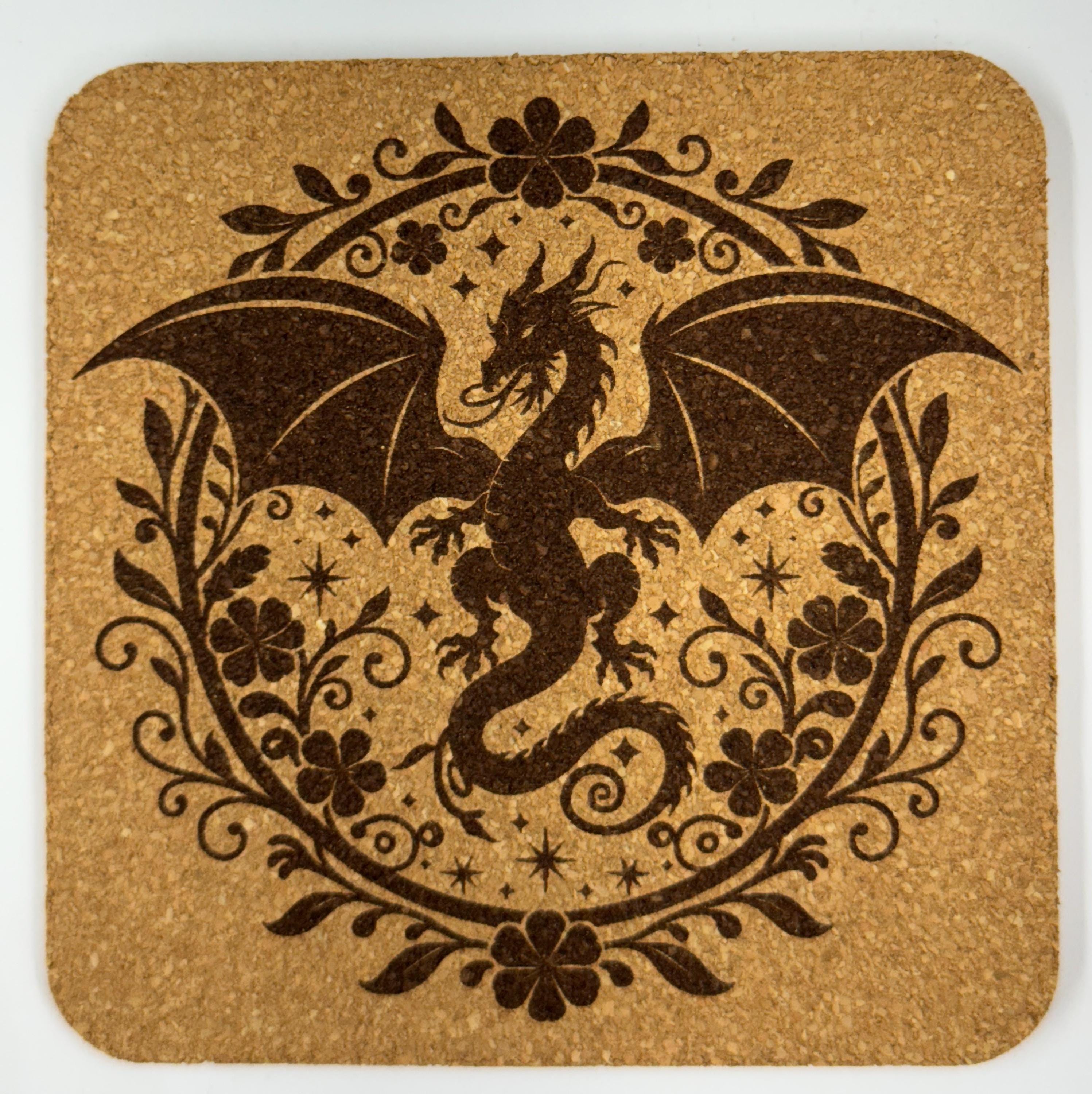 Dragon Cork Coaster Set – Fantasy Floral Engraved 4-Pack – Mythical Creature Home Decor