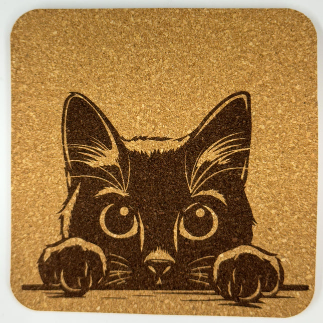 Peeking Cat Cork Coaster Set #1 – Adorable Laser Engraved Kitty Designs – 4-Pack