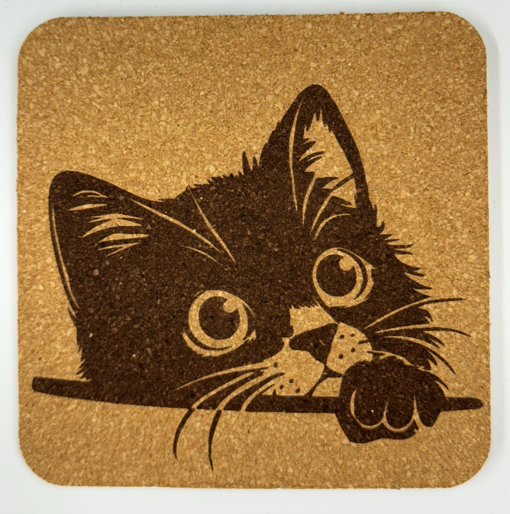 Peeking Cat Cork Coaster Set #1 – Adorable Laser Engraved Kitty Designs – 4-Pack