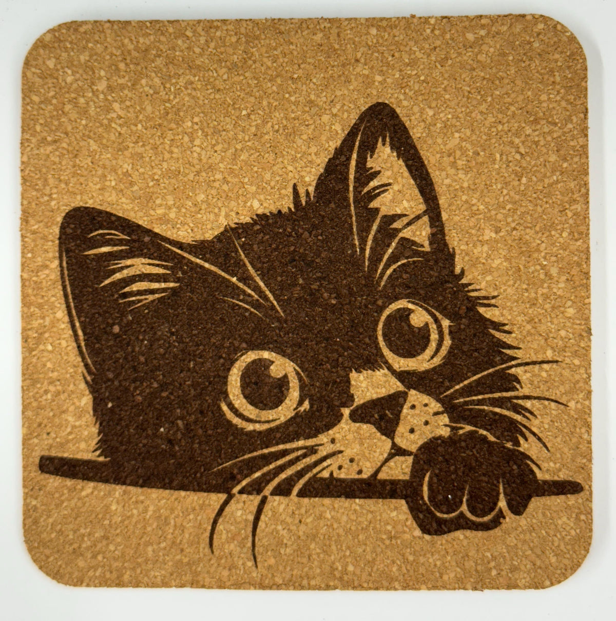Peeking Cat Cork Coaster Set #1 – Adorable Laser Engraved Kitty Designs – 4-Pack
