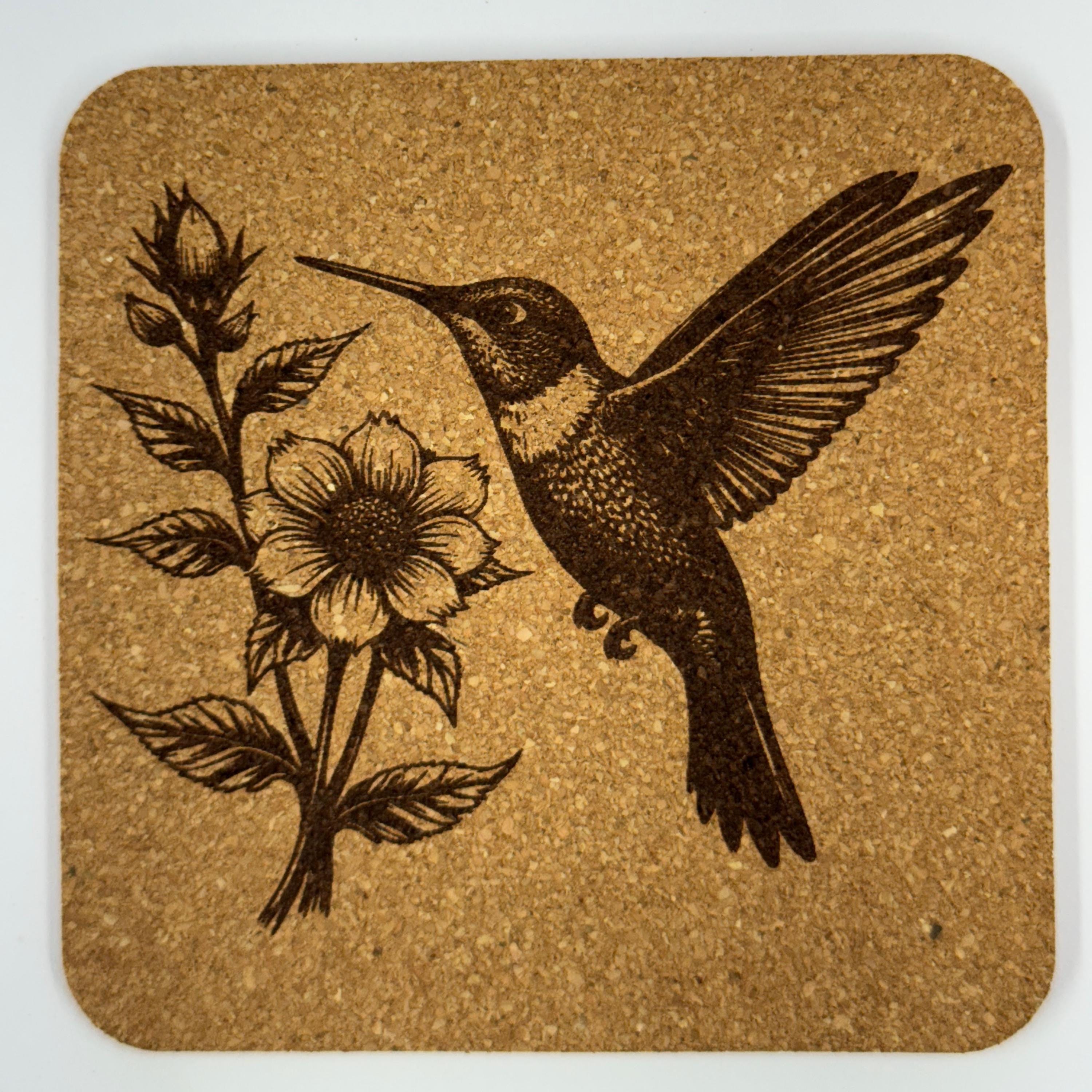 Hummingbird and Wildflower Cork Coaster Set – Laser Engraved 4-Piece Nature Drink Coasters