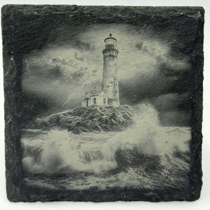 Stormy Lighthouse Slate Coaster Set – Engraved Coastal Weather Designs (4 Pack)