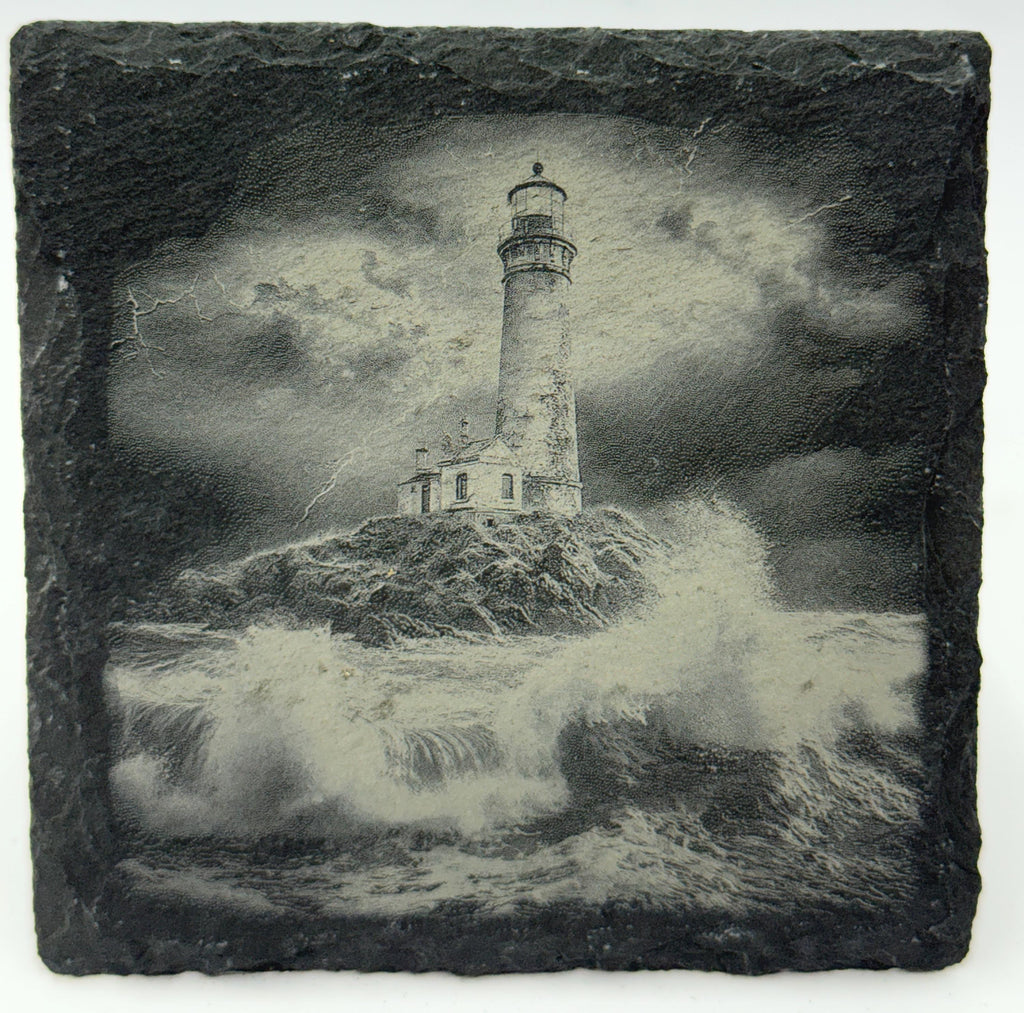 Stormy Lighthouse Slate Coaster Set – Engraved Coastal Weather Designs (4 Pack)