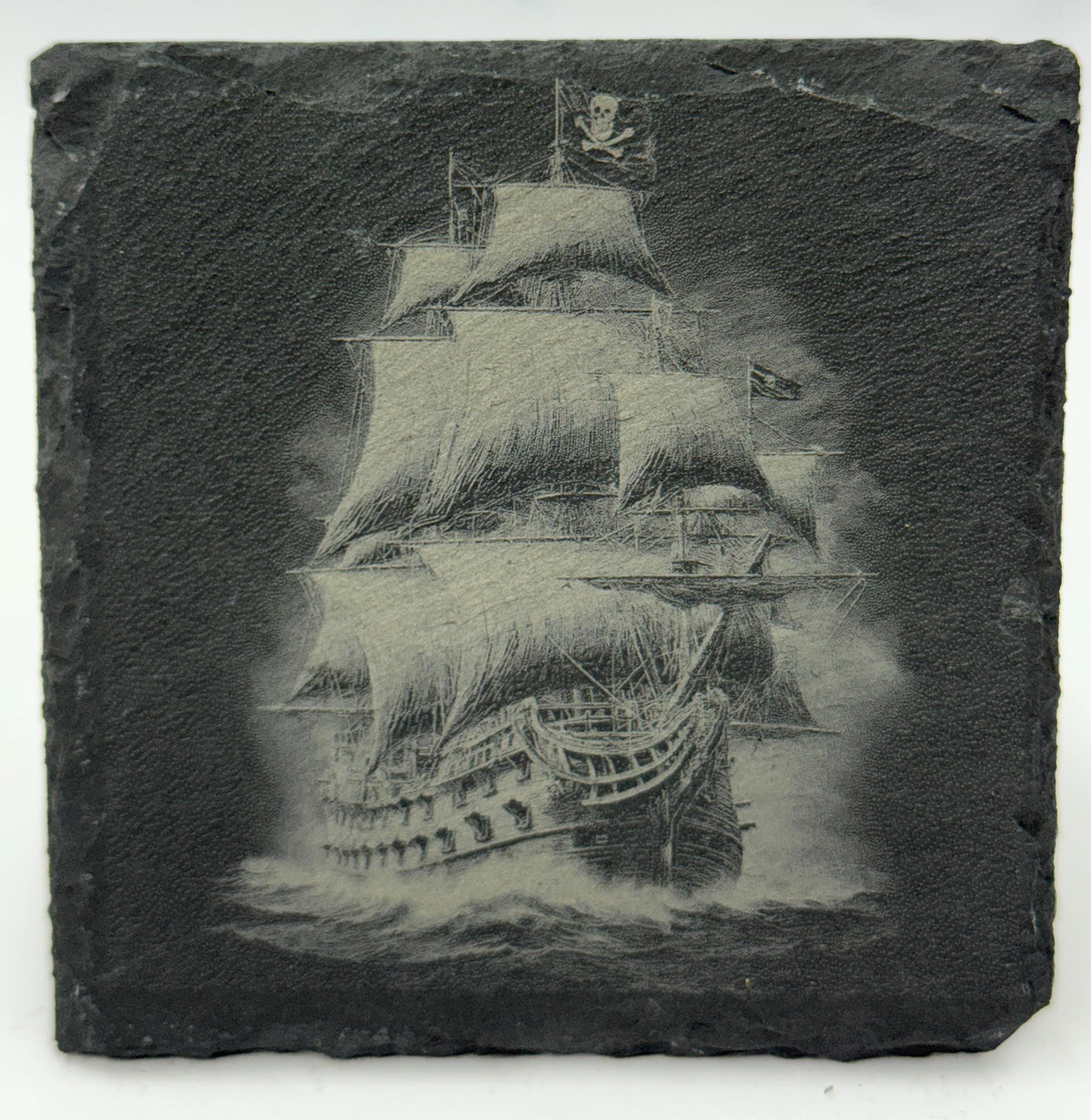 Pirate Ship & Kraken Slate Coaster Set – Engraved Nautical Sea Monster Art (4 Pack)