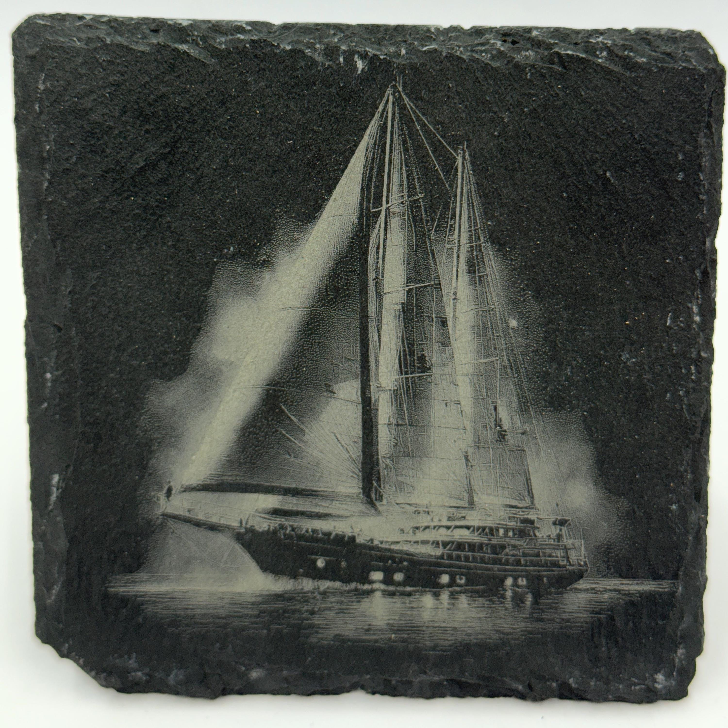 Sailboat Slate Coaster Set – Engraved Nautical Sailing Art (4 Pack)