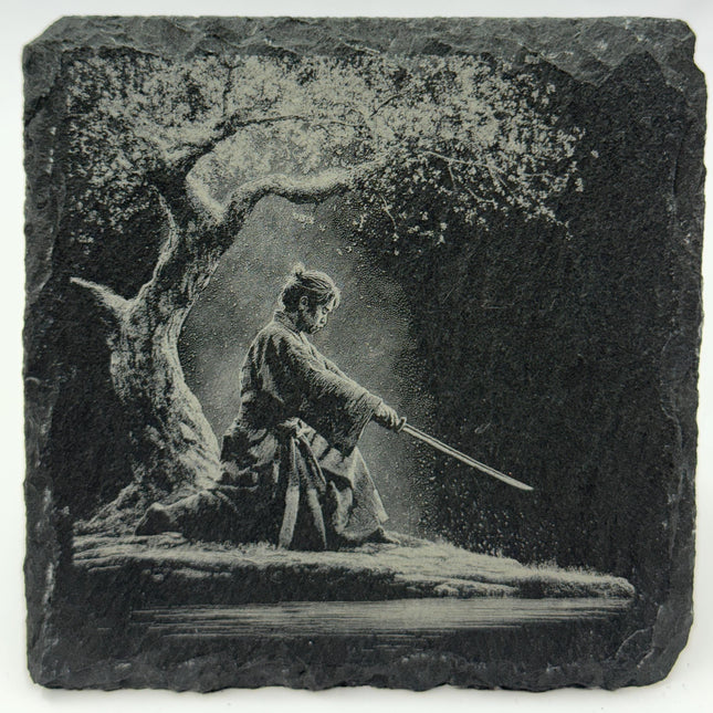 Japanese Warrior Slate Coaster Set – Engraved Feudal Japan Art (4 Pack)