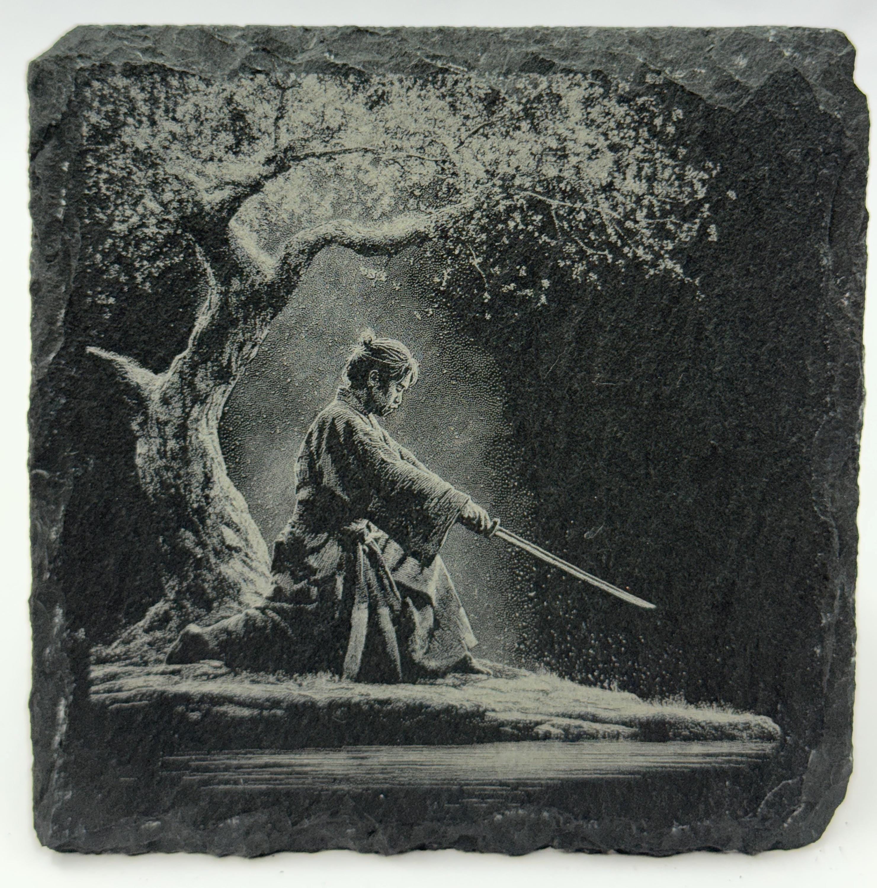 Japanese Warrior Slate Coaster Set – Engraved Feudal Japan Art (4 Pack)