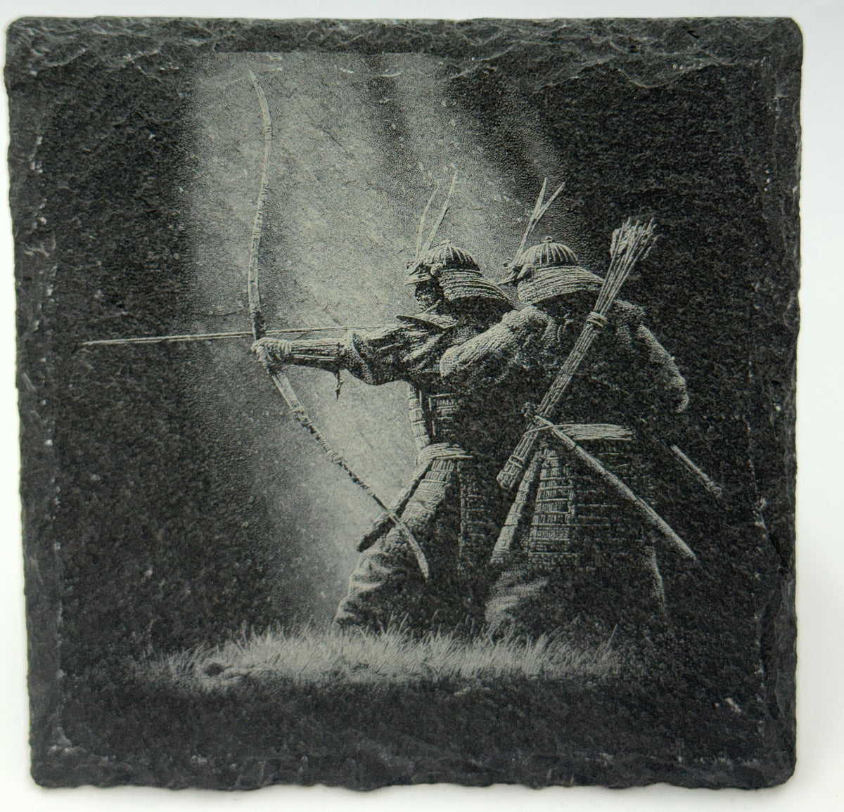 Japanese Warrior Slate Coaster Set – Engraved Feudal Japan Art (4 Pack)