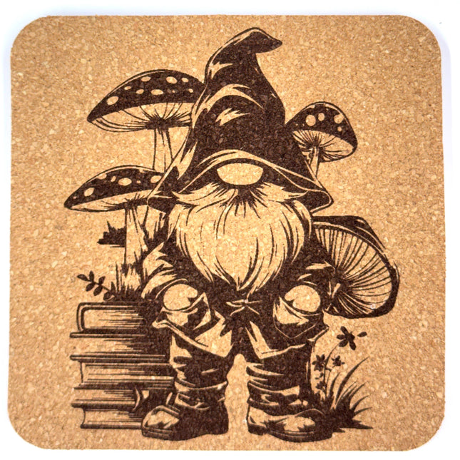 Gnome Cork Coaster Set of 4 – Woodland Gnomes - Laser Engraved