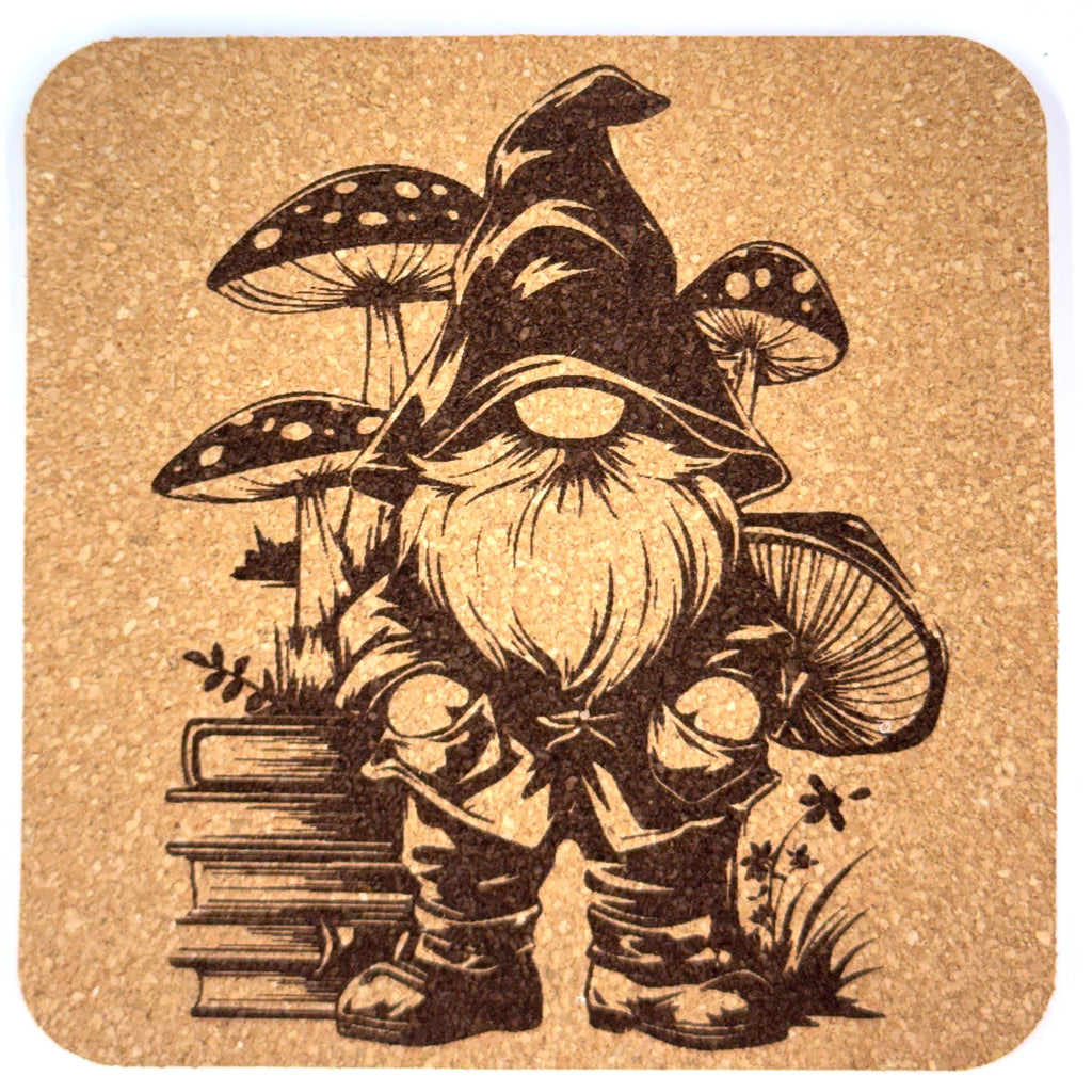Gnome Cork Coaster Set of 4 – Woodland Gnomes - Laser Engraved