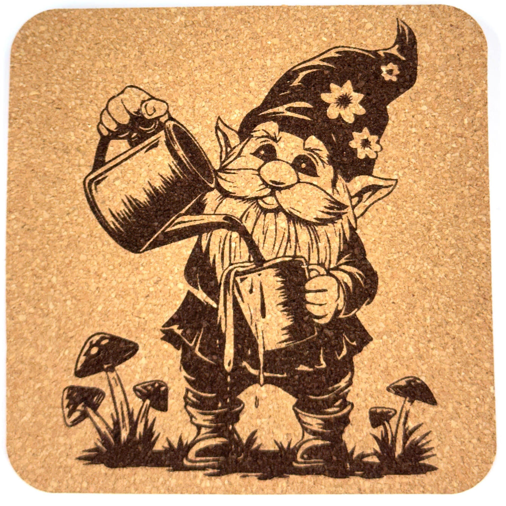 Gnome Cork Coaster Set of 4 – Woodland Gnomes - Laser Engraved