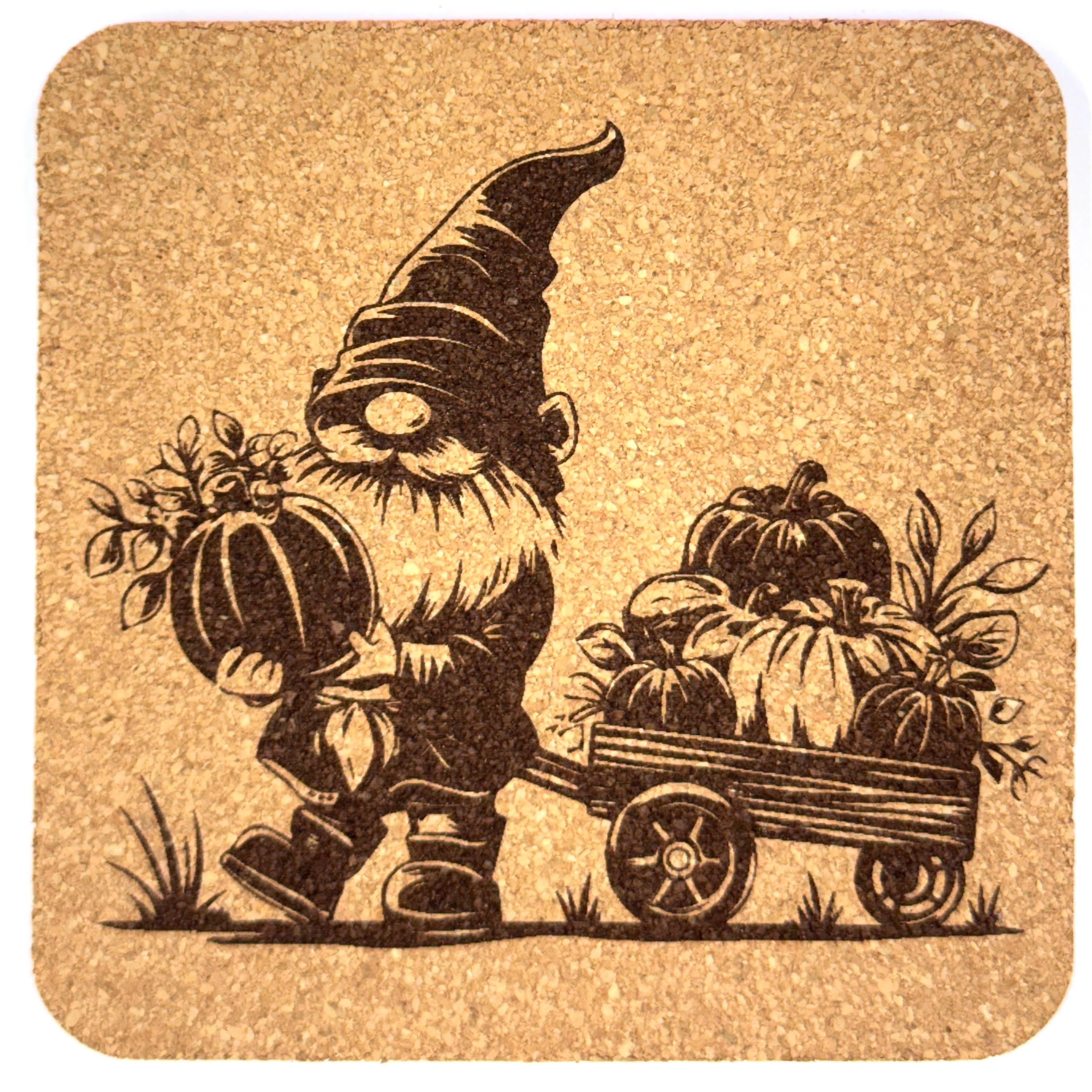 Garden Gnome Cork Coasters Set of 4 – Farming & Flower Cart Gnomes, Laser Engraved