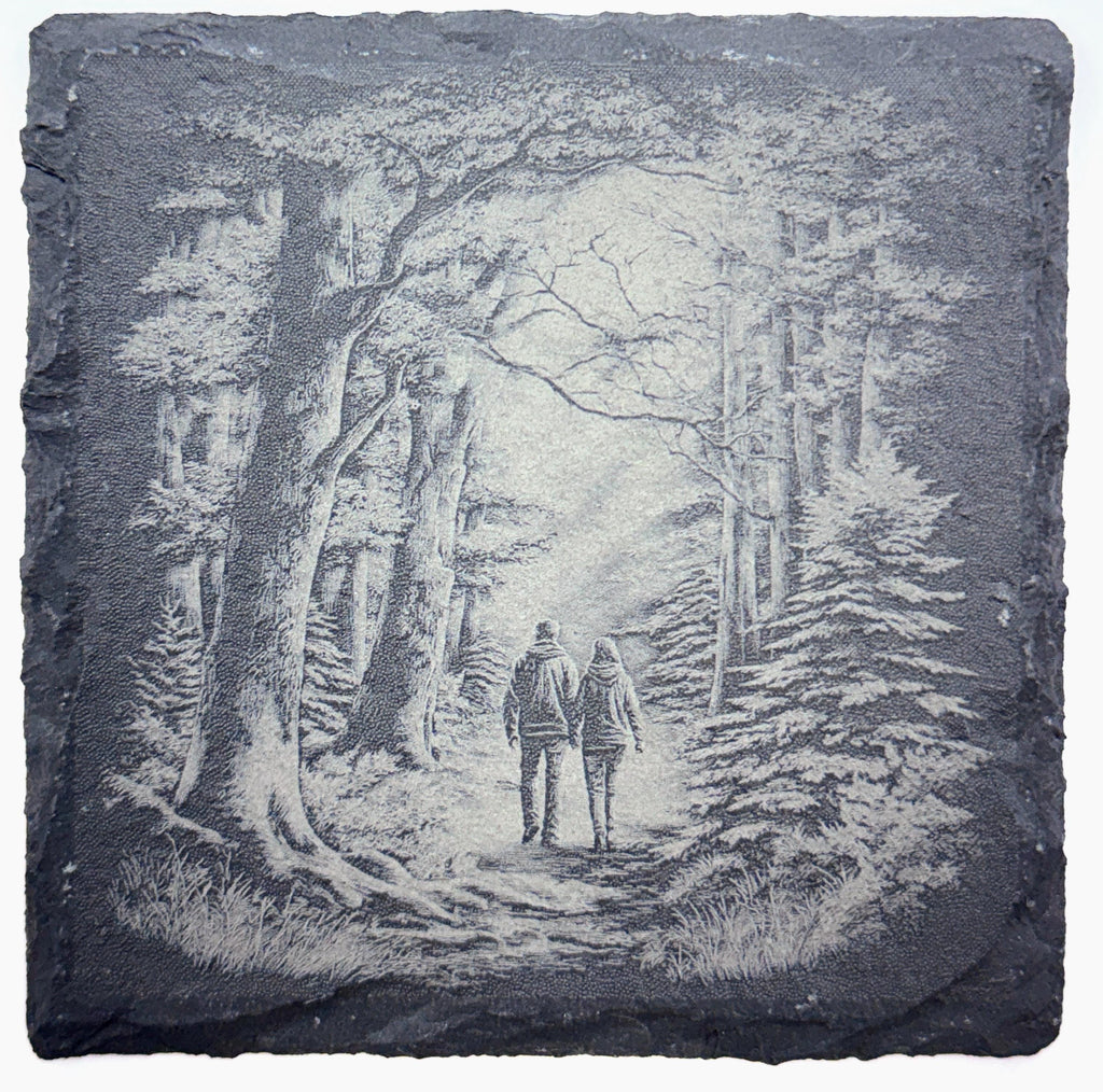 Woodland Forest Path Set of 4 Laser Engraved Nature Themed Slate Coasters