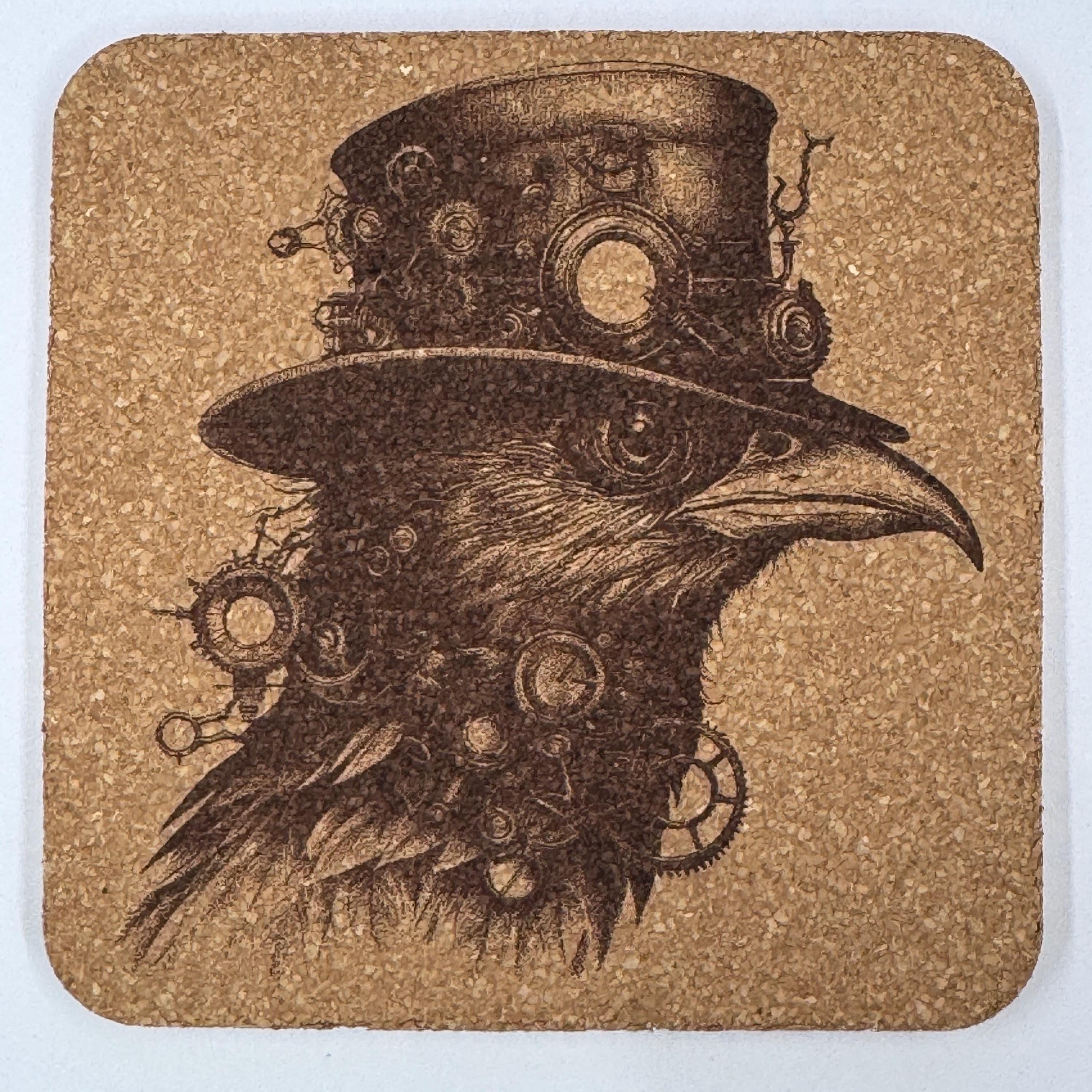 Steampunk Raven Cork Coasters Set – Gothic Mechanical Bird Art Drink Coasters – Steampunk Home Decor (4 Pack)