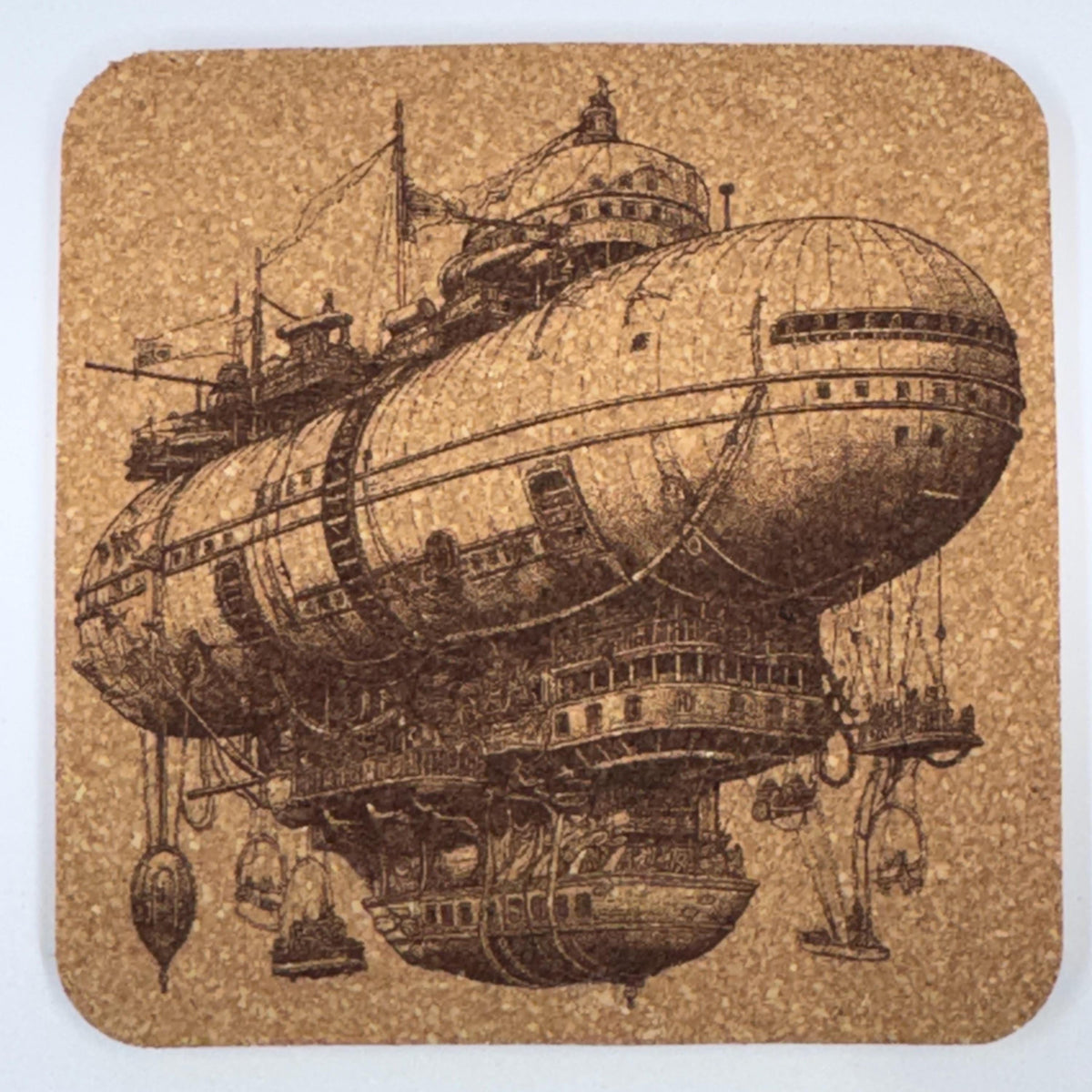 Steampunk Airship Cork Coasters Set – Victorian Flying Machine Art Drink Coasters – Steampunk Home Decor (4 Pack)