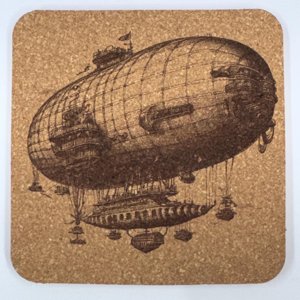 Steampunk Airship Cork Coasters Set – Victorian Flying Machine Art Drink Coasters – Steampunk Home Decor (4 Pack)