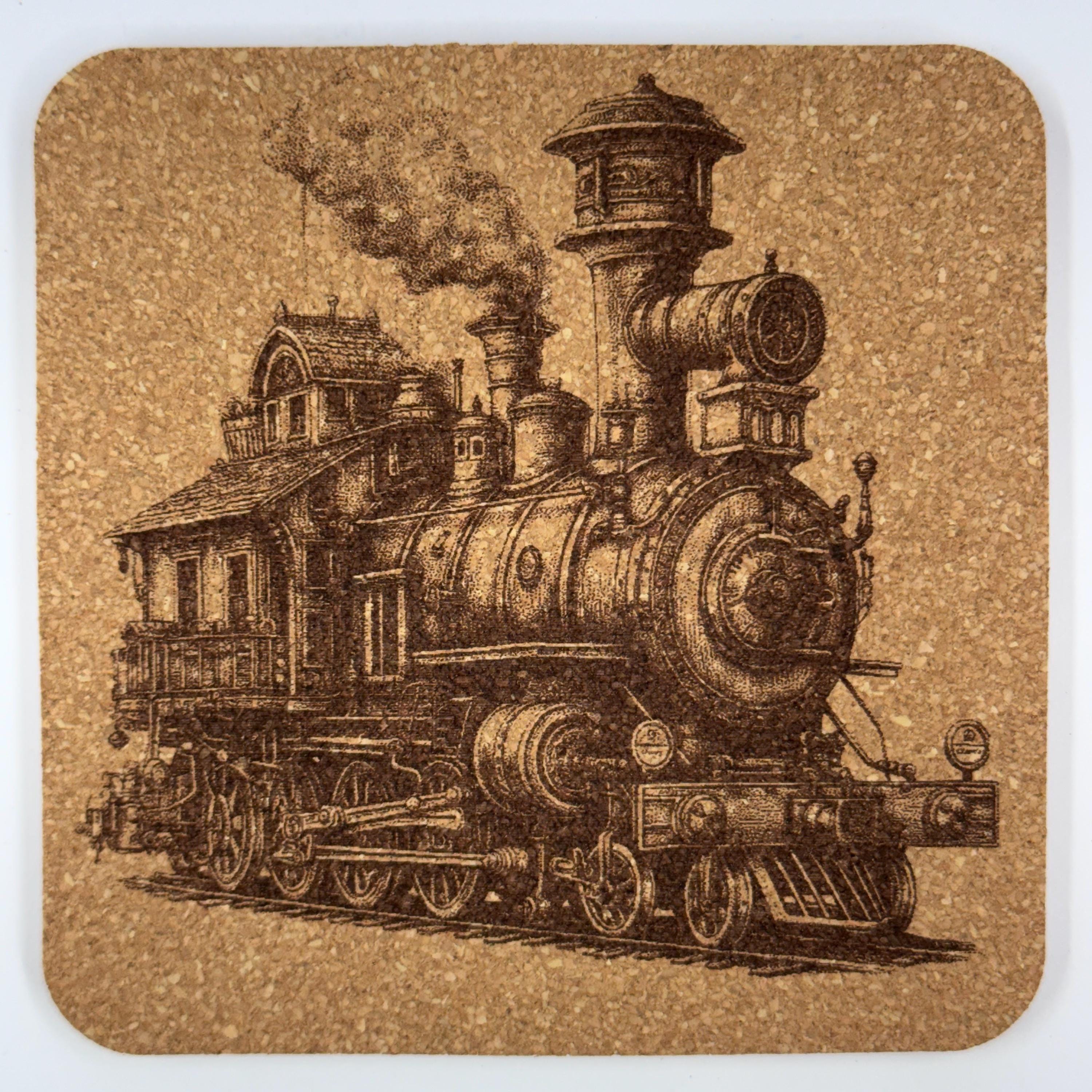 Steampunk Locomotive Cork Coasters Set – Vintage Steam Train Art Drink Coasters – Steampunk Home Decor (4 Pack)