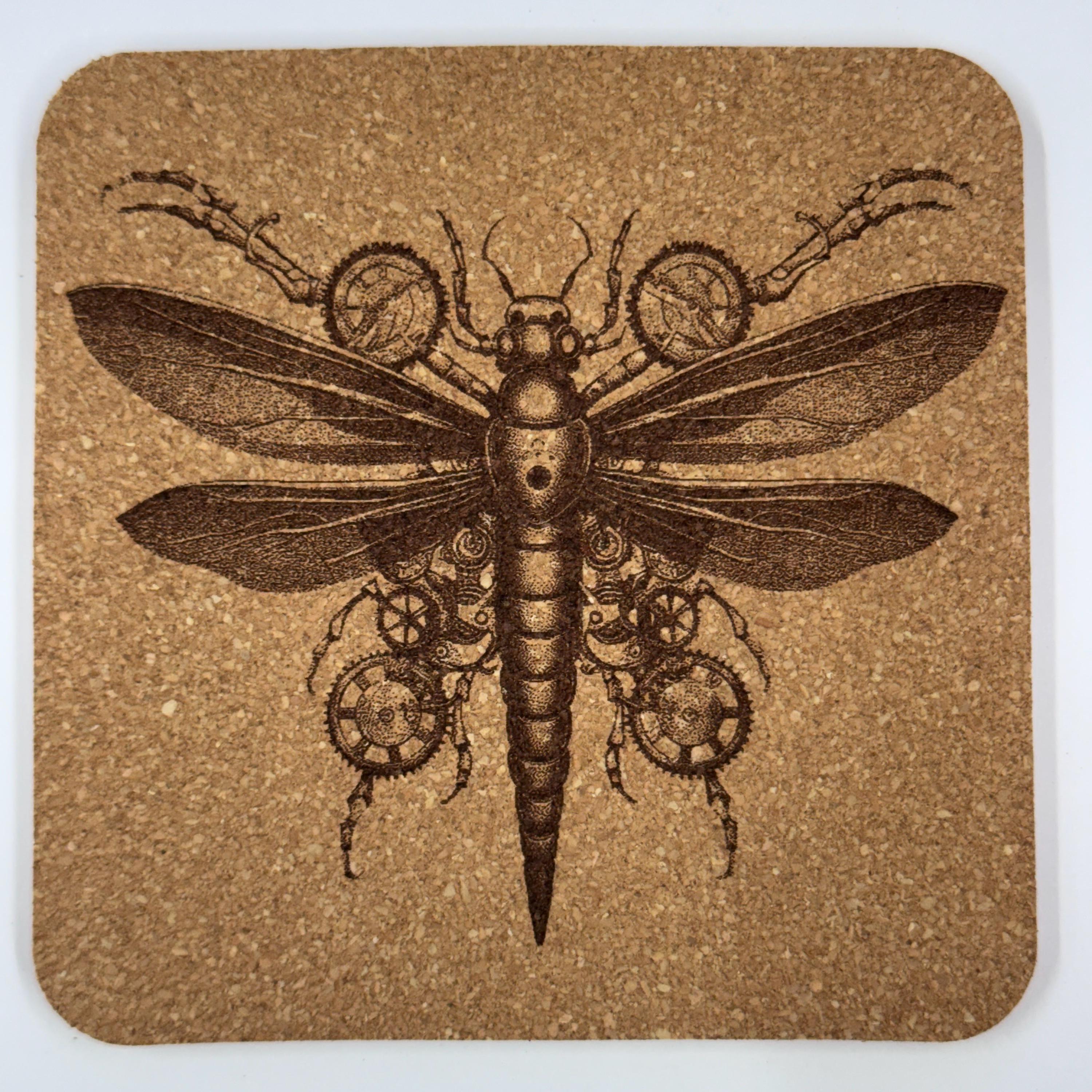 Steampunk Dragonfly Cork Coasters Set – Mechanical Insect Art Drink Coasters – Steampunk Home Decor (4 Pack)