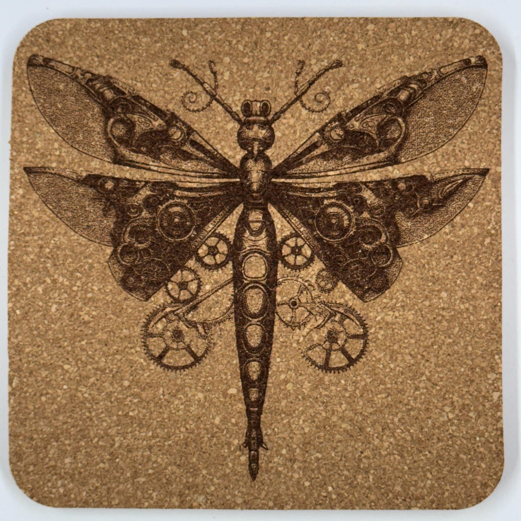 Steampunk Dragonfly Cork Coasters Set – Mechanical Insect Art Drink Coasters – Steampunk Home Decor (4 Pack)
