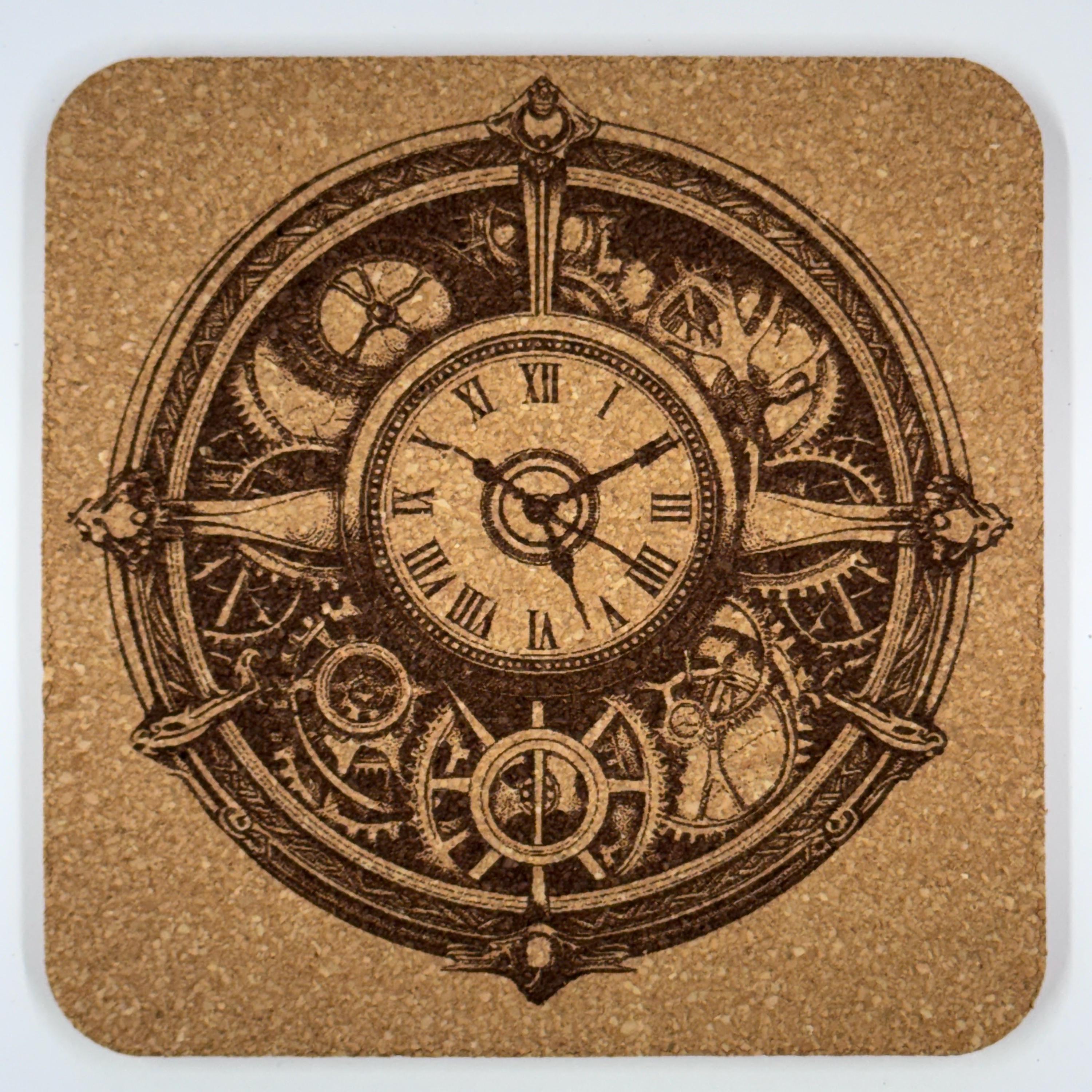 Steampunk Clock Cork Coasters Set – Vintage Clockwork Gear Art Drink Coasters – Steampunk Home Decor (4 Pack)
