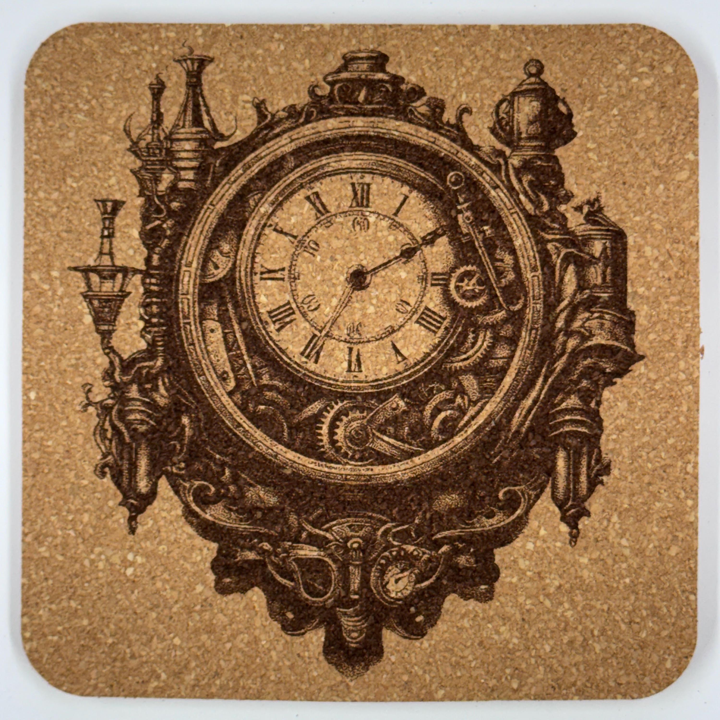 Steampunk Clock Cork Coasters Set – Vintage Clockwork Gear Art Drink Coasters – Steampunk Home Decor (4 Pack)