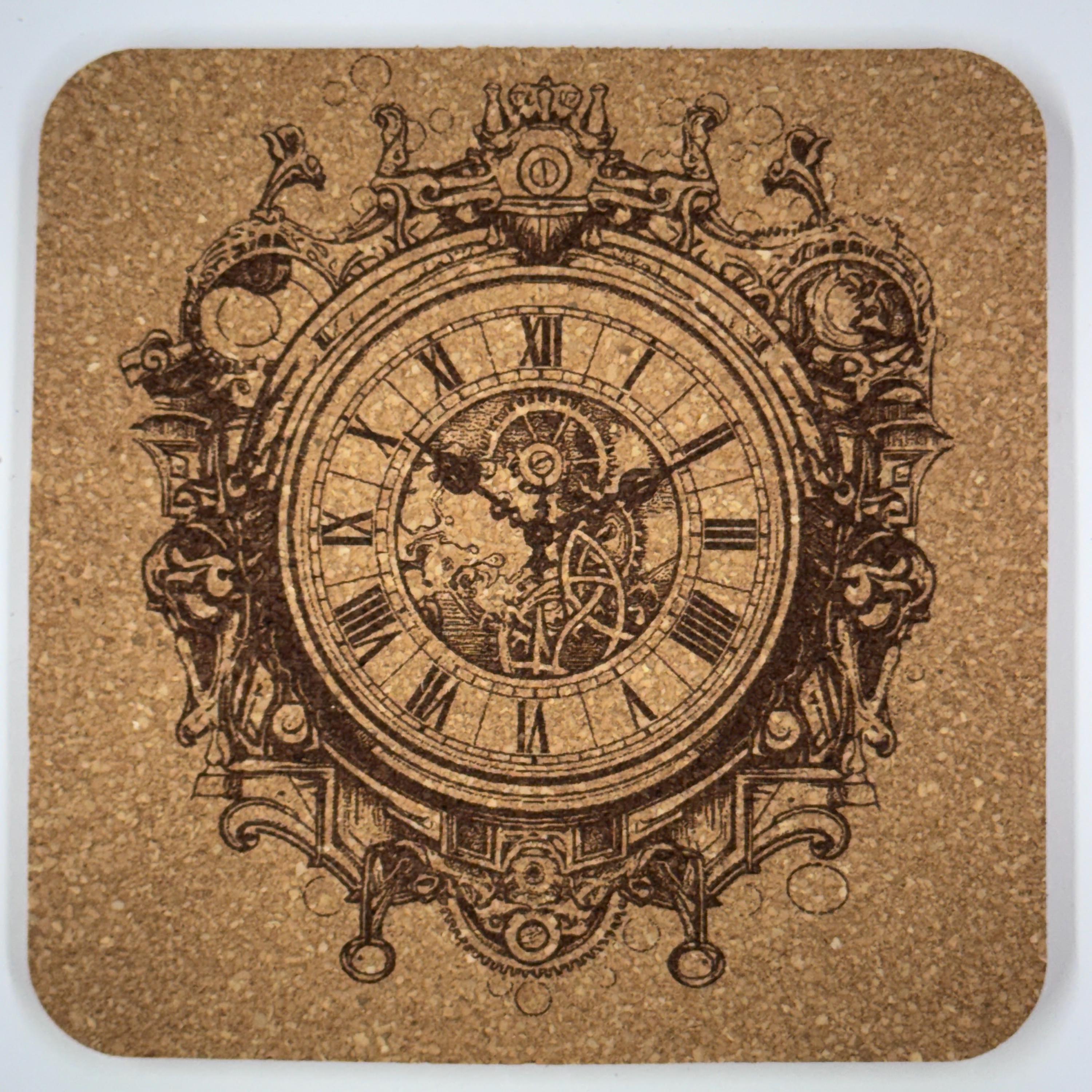 Steampunk Clock Cork Coasters Set – Vintage Clockwork Gear Art Drink Coasters – Steampunk Home Decor (4 Pack)