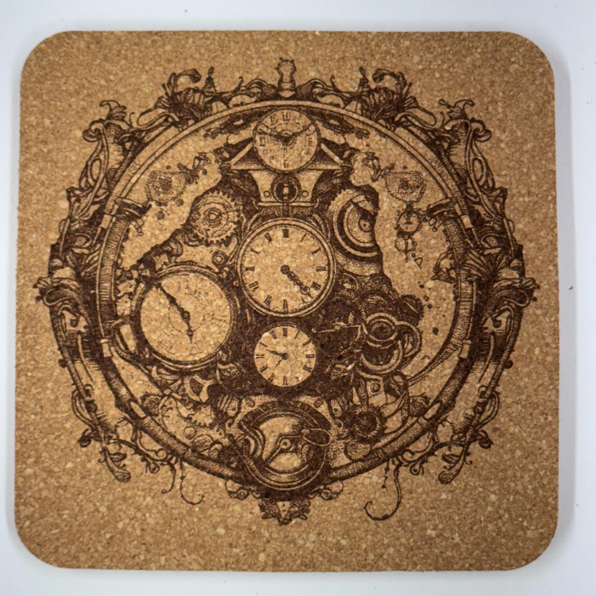 Steampunk Clock Cork Coasters Set – Vintage Clockwork Gear Art Drink Coasters – Steampunk Home Decor (4 Pack)
