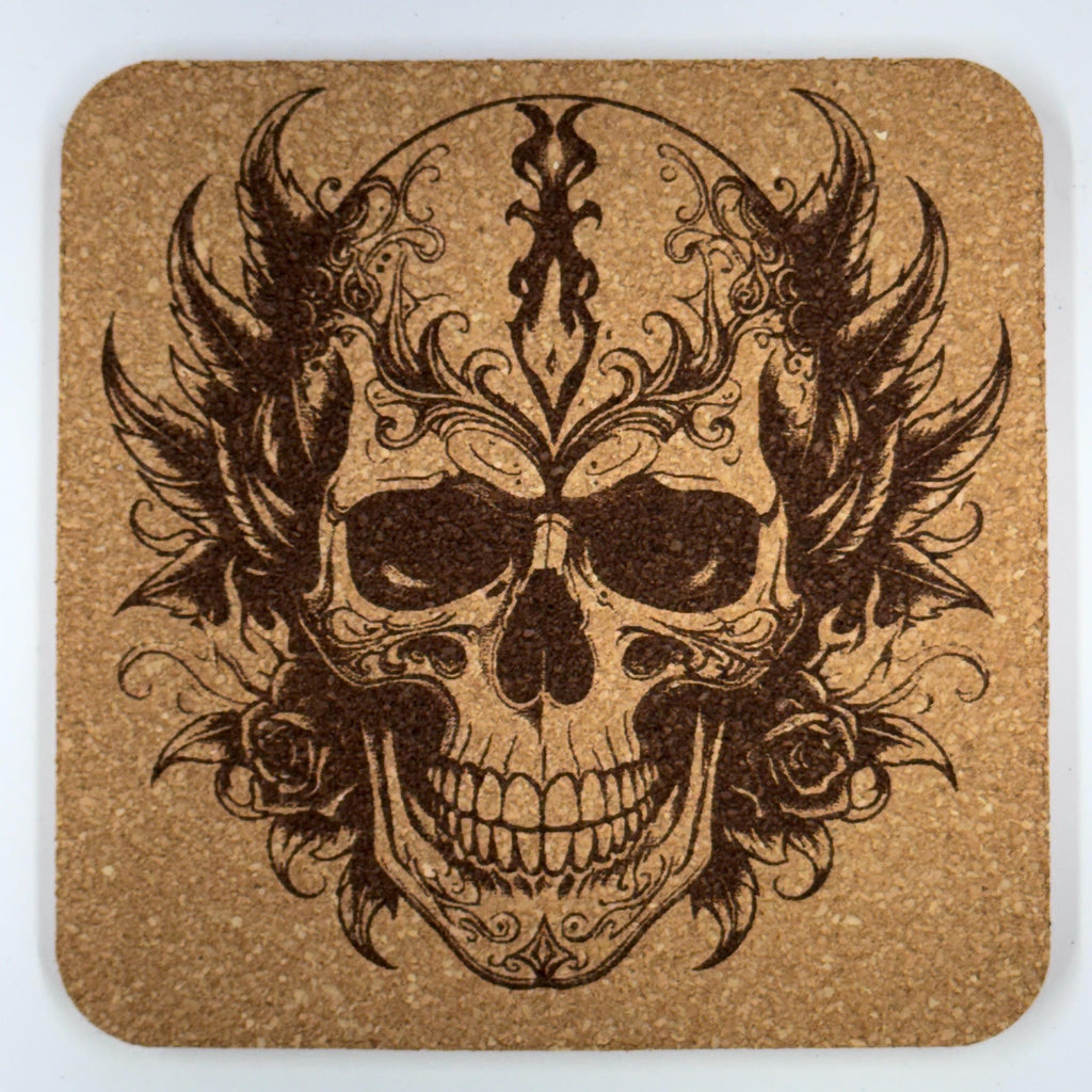 Skull Cork Coasters Set – Gothic Skull Art Drink Coasters – Dark Horror Home Decor (4 Pack)