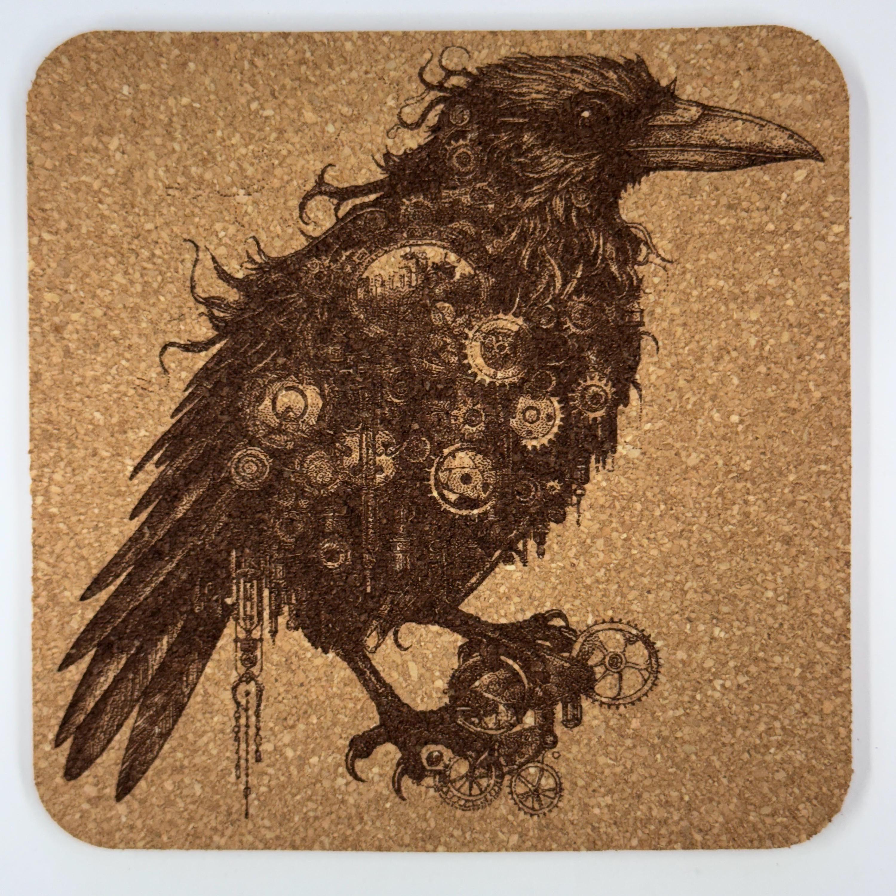 Steampunk Raven Cork Coasters Set – Gothic Mechanical Bird Art Drink Coasters – Steampunk Home Decor (4 Pack)