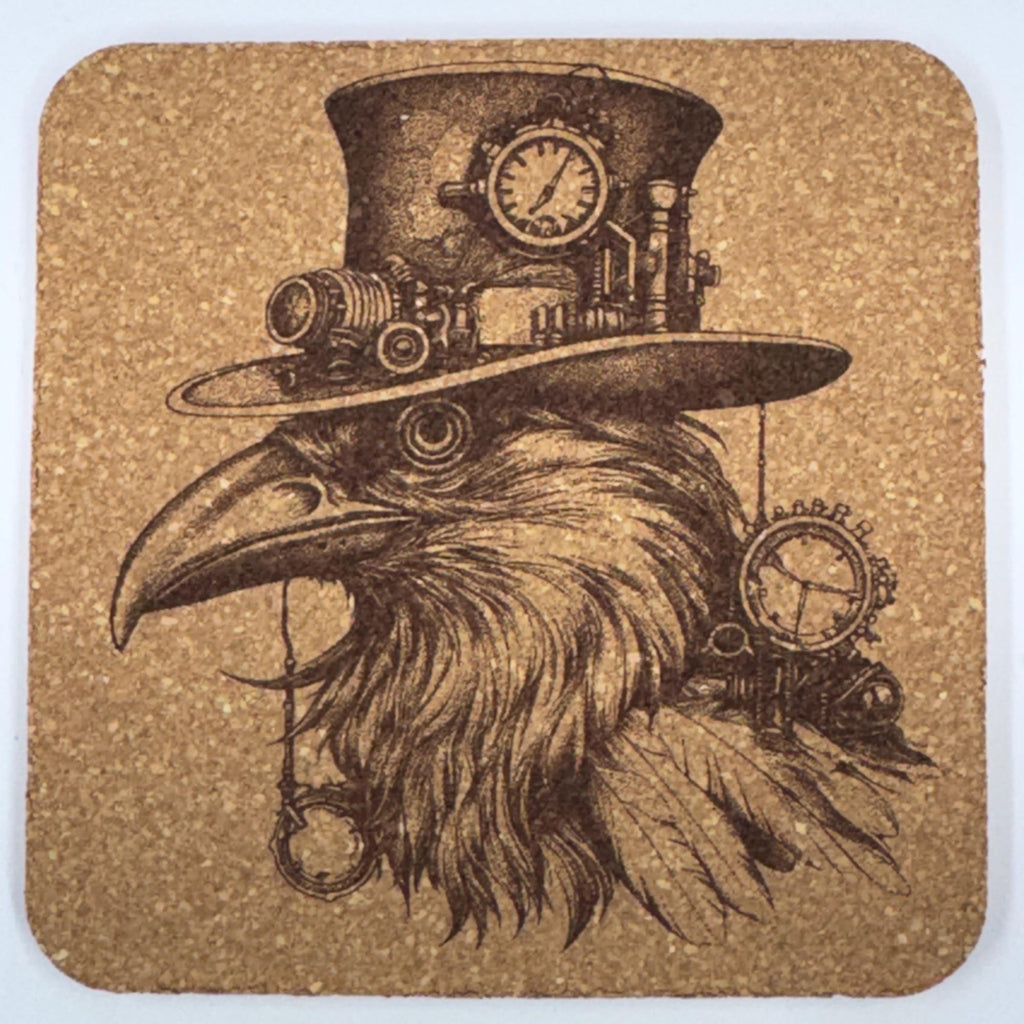 Steampunk Raven Cork Coasters Set – Gothic Mechanical Bird Art Drink Coasters – Steampunk Home Decor (4 Pack)