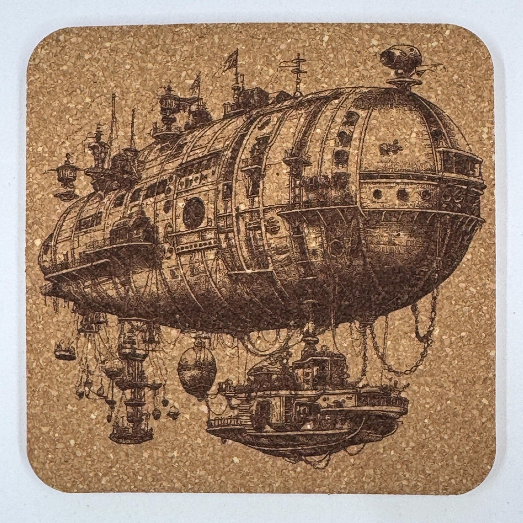 Steampunk Airship Cork Coasters Set – Victorian Flying Machine Art Drink Coasters – Steampunk Home Decor (4 Pack)