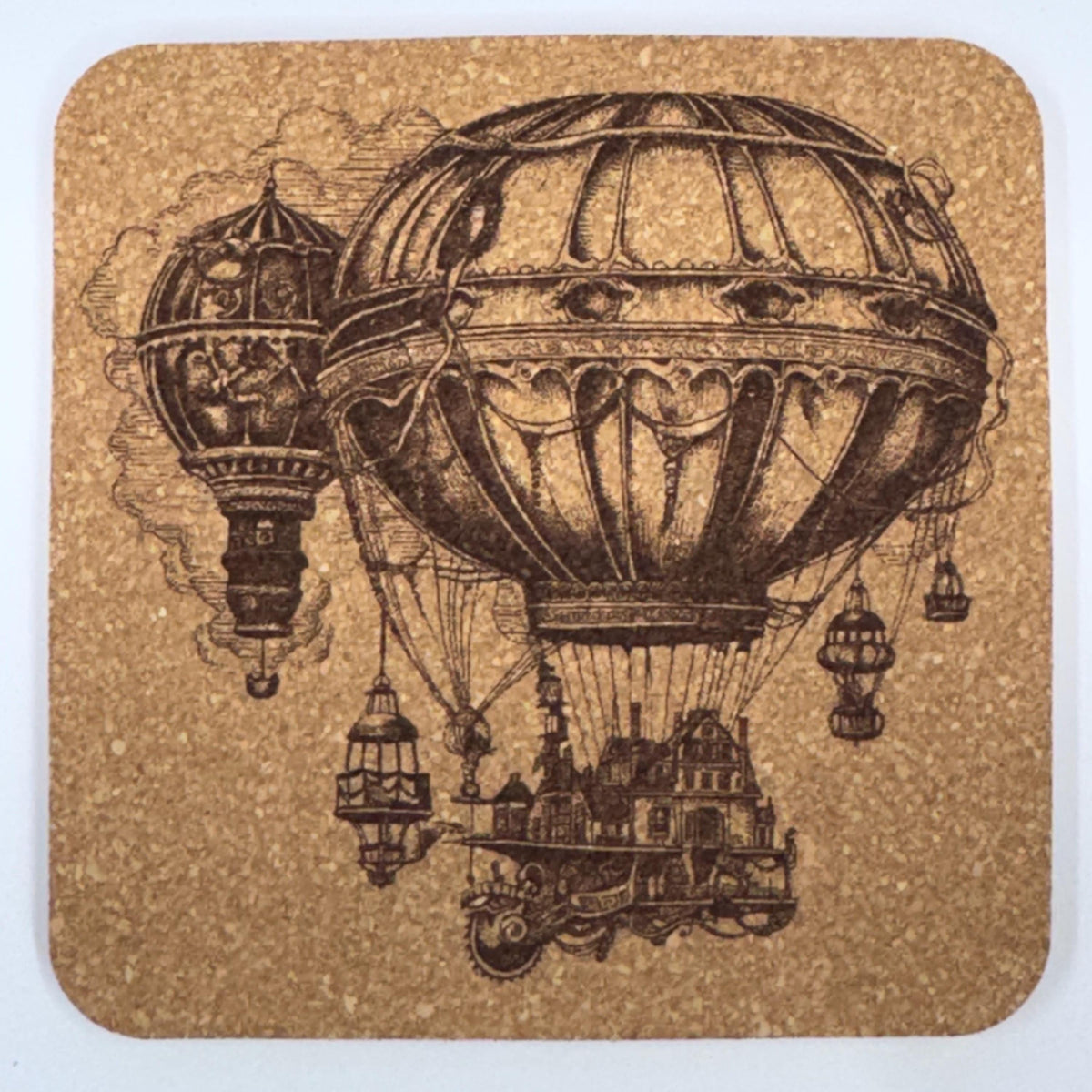 Steampunk Airship Cork Coasters Set – Vintage Hot Air Balloon Art Drink Coasters – Steampunk Home Decor (4 Pack)