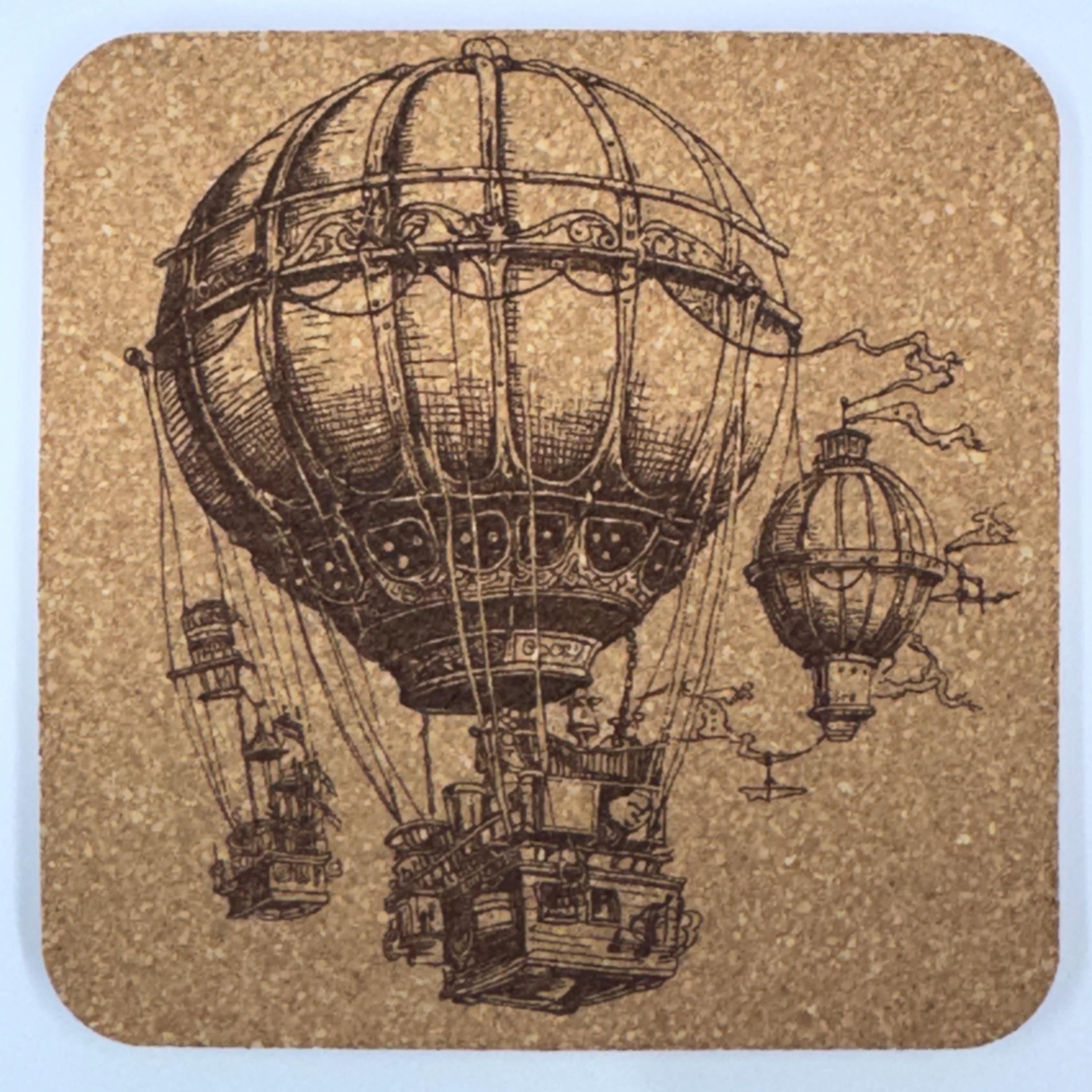 Steampunk Airship Cork Coasters Set – Vintage Hot Air Balloon Art Drink Coasters – Steampunk Home Decor (4 Pack)