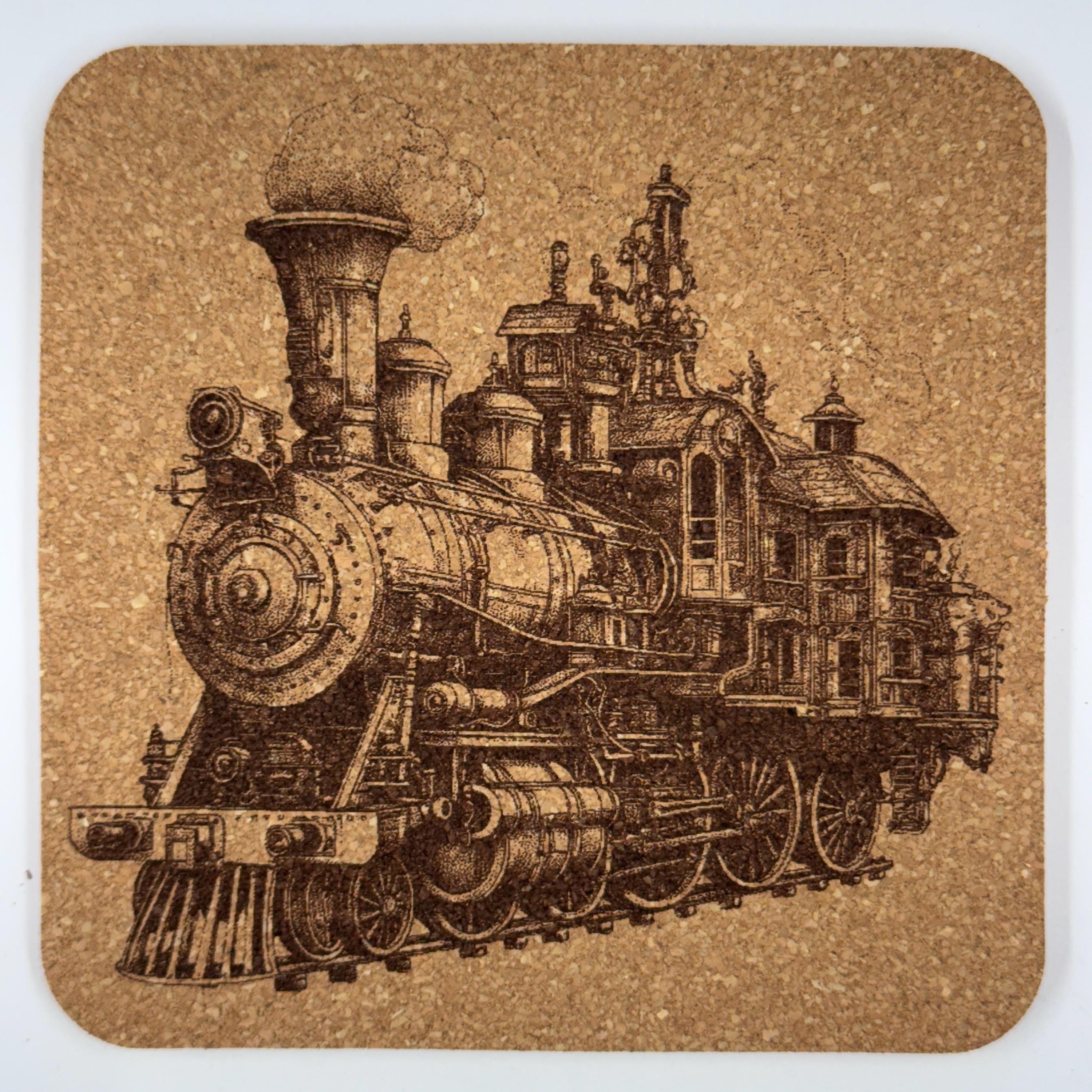 Steampunk Locomotive Cork Coasters Set – Vintage Steam Train Art Drink Coasters – Steampunk Home Decor (4 Pack)