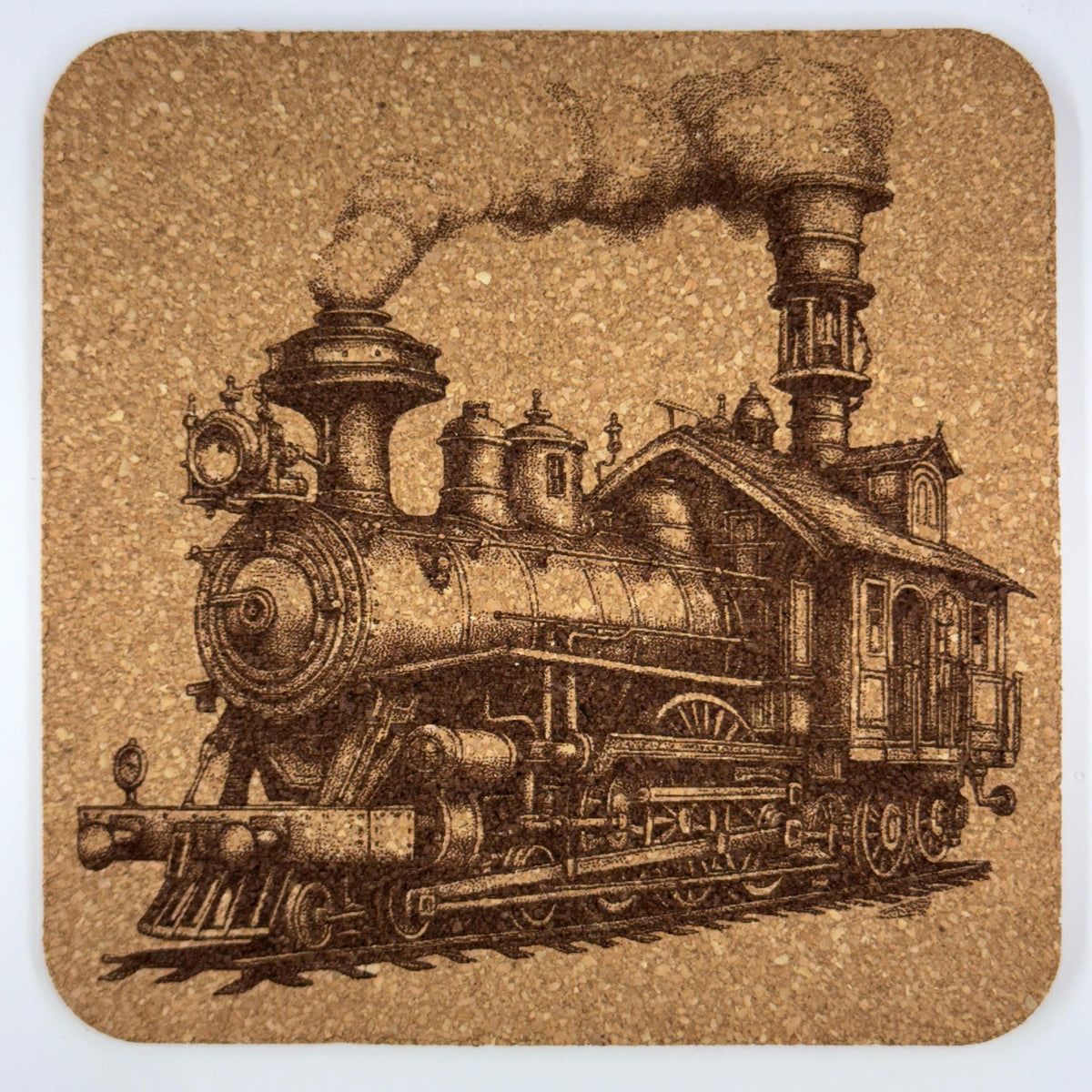 Steampunk Locomotive Cork Coasters Set – Vintage Steam Train Art Drink Coasters – Steampunk Home Decor (4 Pack)