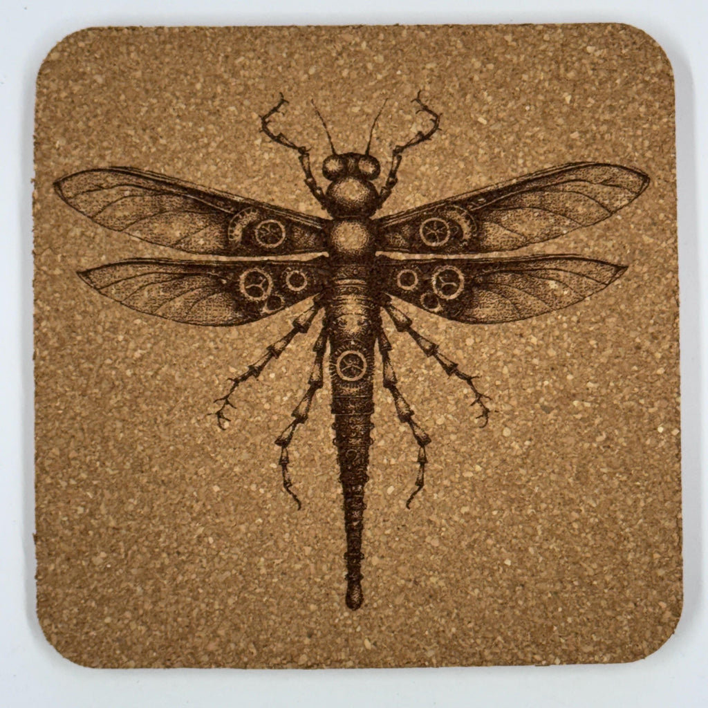 Steampunk Dragonfly Cork Coasters Set – Mechanical Insect Art Drink Coasters – Steampunk Home Decor (4 Pack)