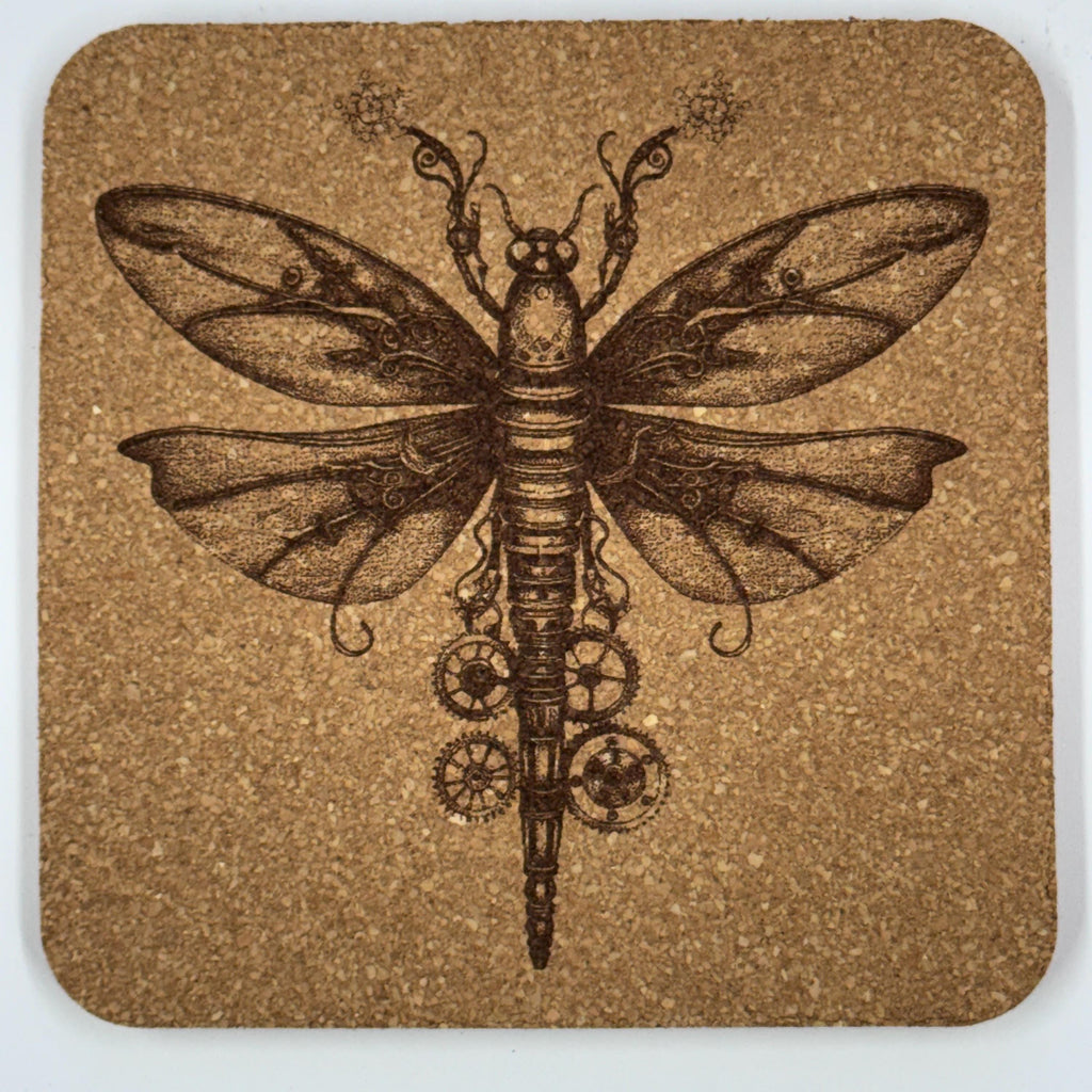 Steampunk Dragonfly Cork Coasters Set – Mechanical Insect Art Drink Coasters – Steampunk Home Decor (4 Pack)