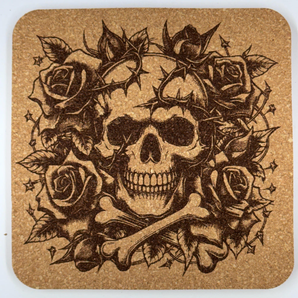 Skull Cork Coasters Set – Gothic Skull Art Drink Coasters – Dark Horror Home Decor (4 Pack)
