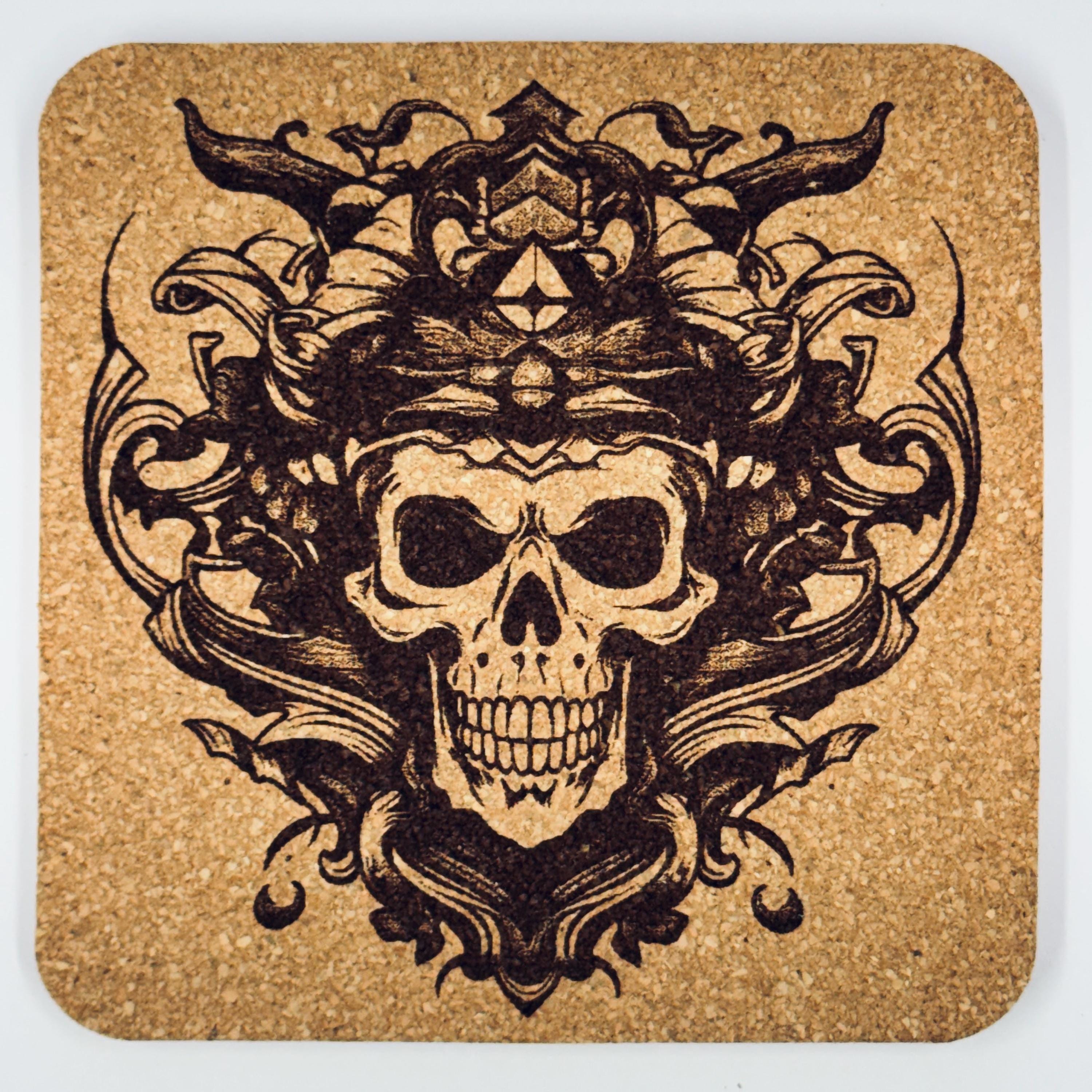 Pirate Skull Cork Coasters – Vintage Engraved Buccaneer Bar Decor