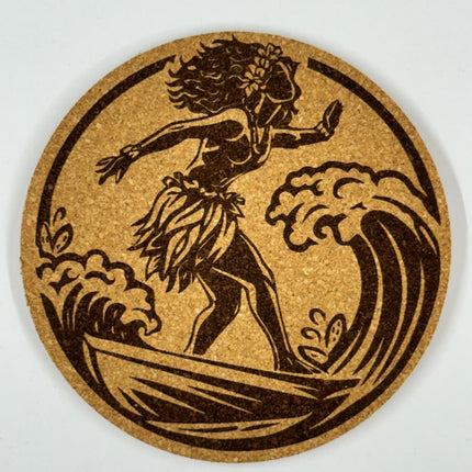 Hawaiian Surf Cork Coasters – Tropical Island Hula & Wave Set