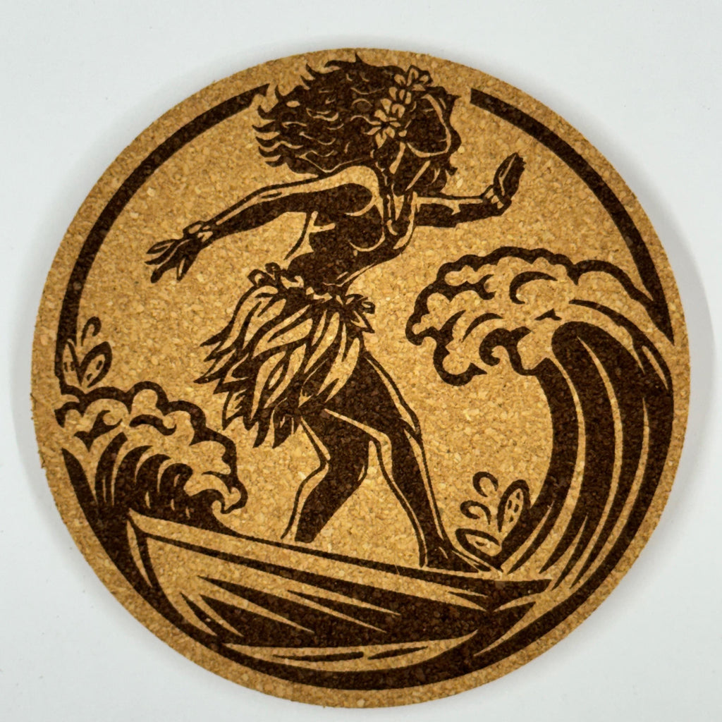 Hawaiian Surf Cork Coasters – Tropical Island Hula & Wave Set