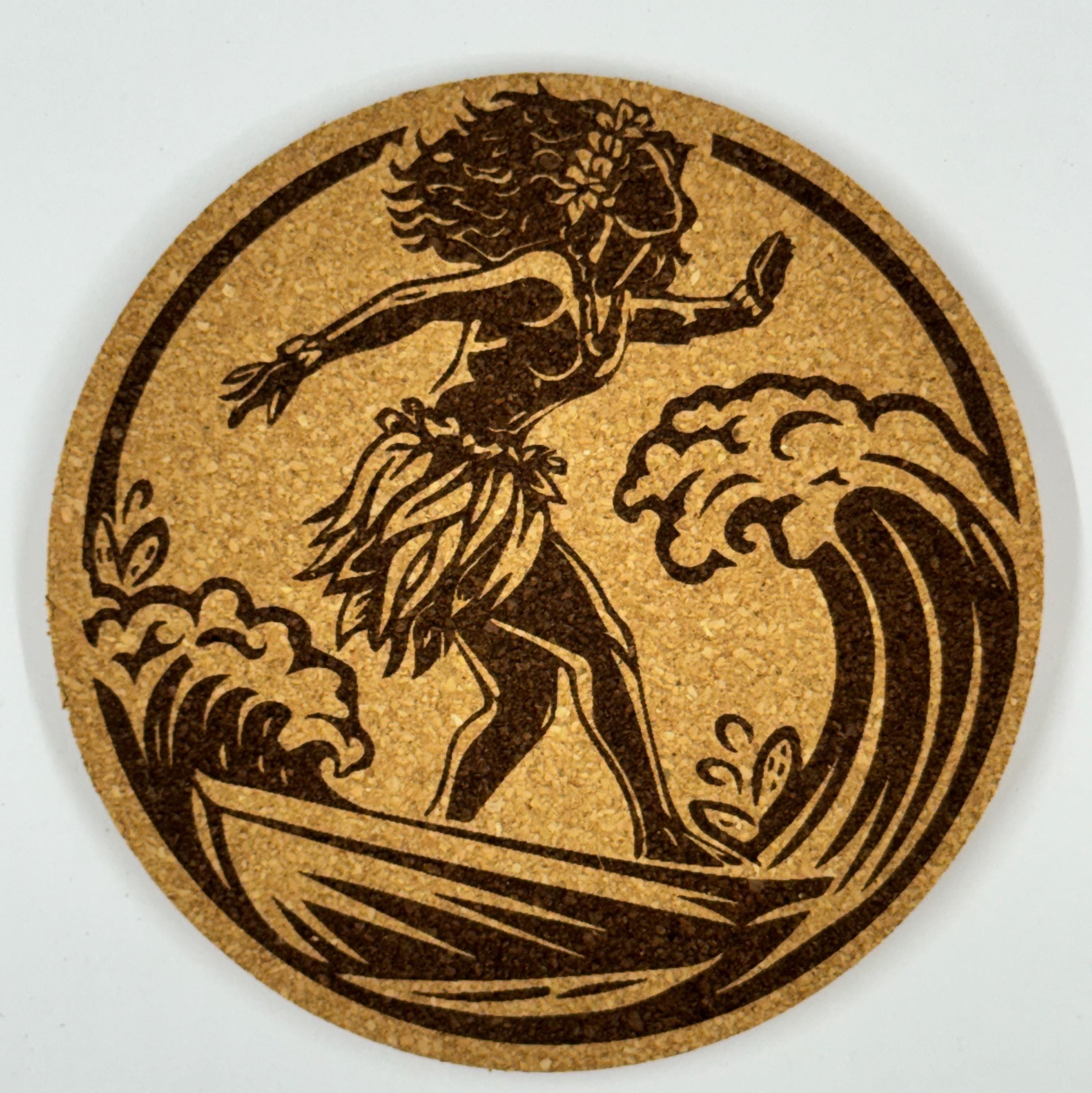 Hawaiian Surf Cork Coasters – Tropical Island Hula & Wave Set
