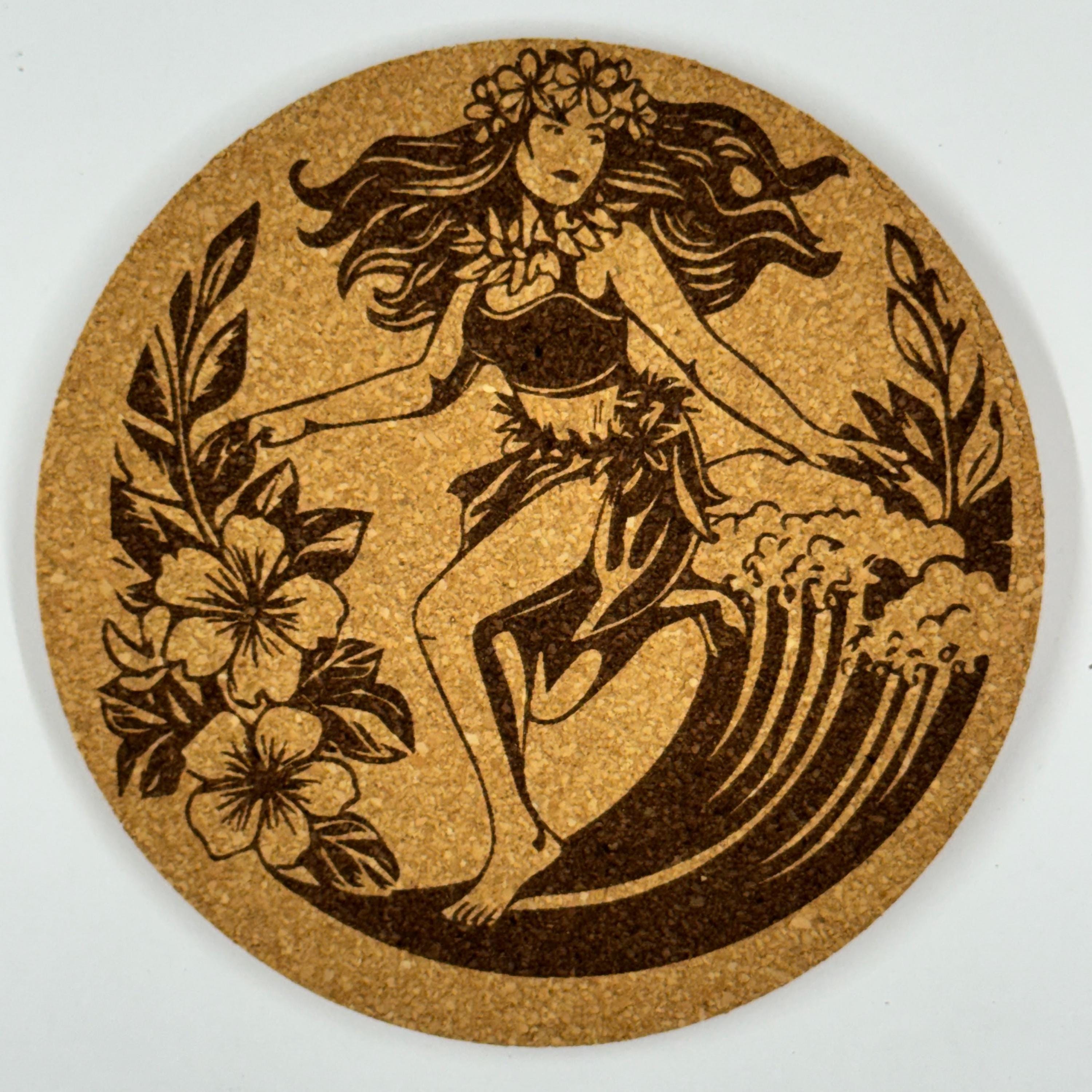 Hawaiian Surf Cork Coasters – Tropical Island Hula & Wave Set