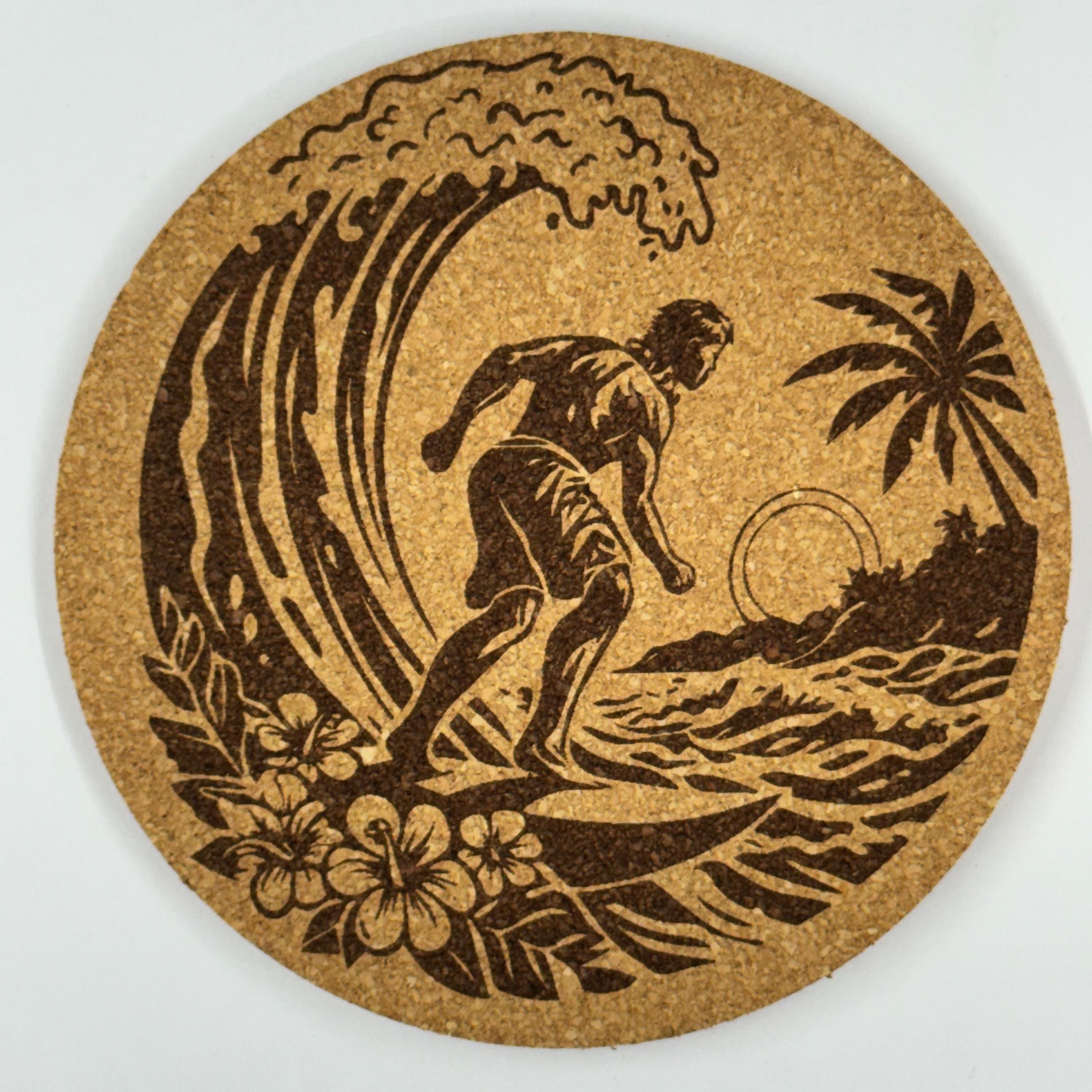 Hawaiian Surf Cork Coasters – Tropical Island Hula & Wave Set