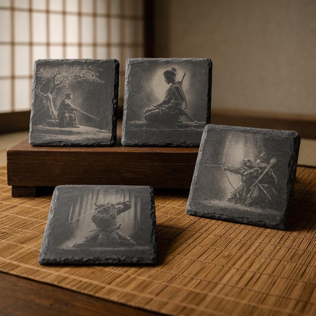 Japanese Warrior Slate Coaster Set – Engraved Feudal Japan Art (4 Pack)