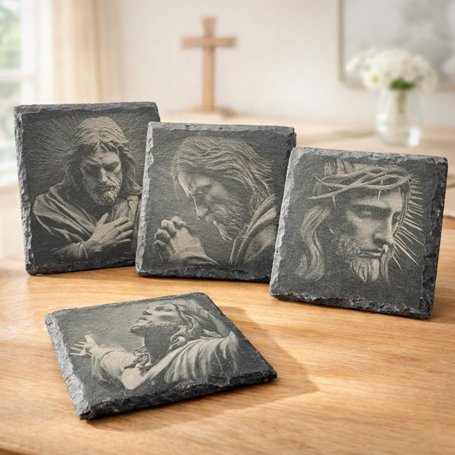 Engraved Jesus Slate Coasters: Christian Home Decor, Set of 4